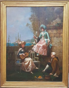 Peinture française 19ème 18ème costumes guitare romantique Huile toile Scène élégante