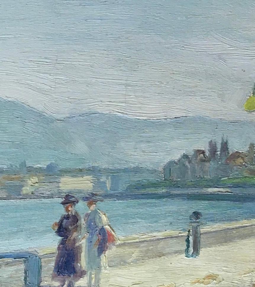 Stroll by the lake - Gray Landscape Painting by Georges Djakeli