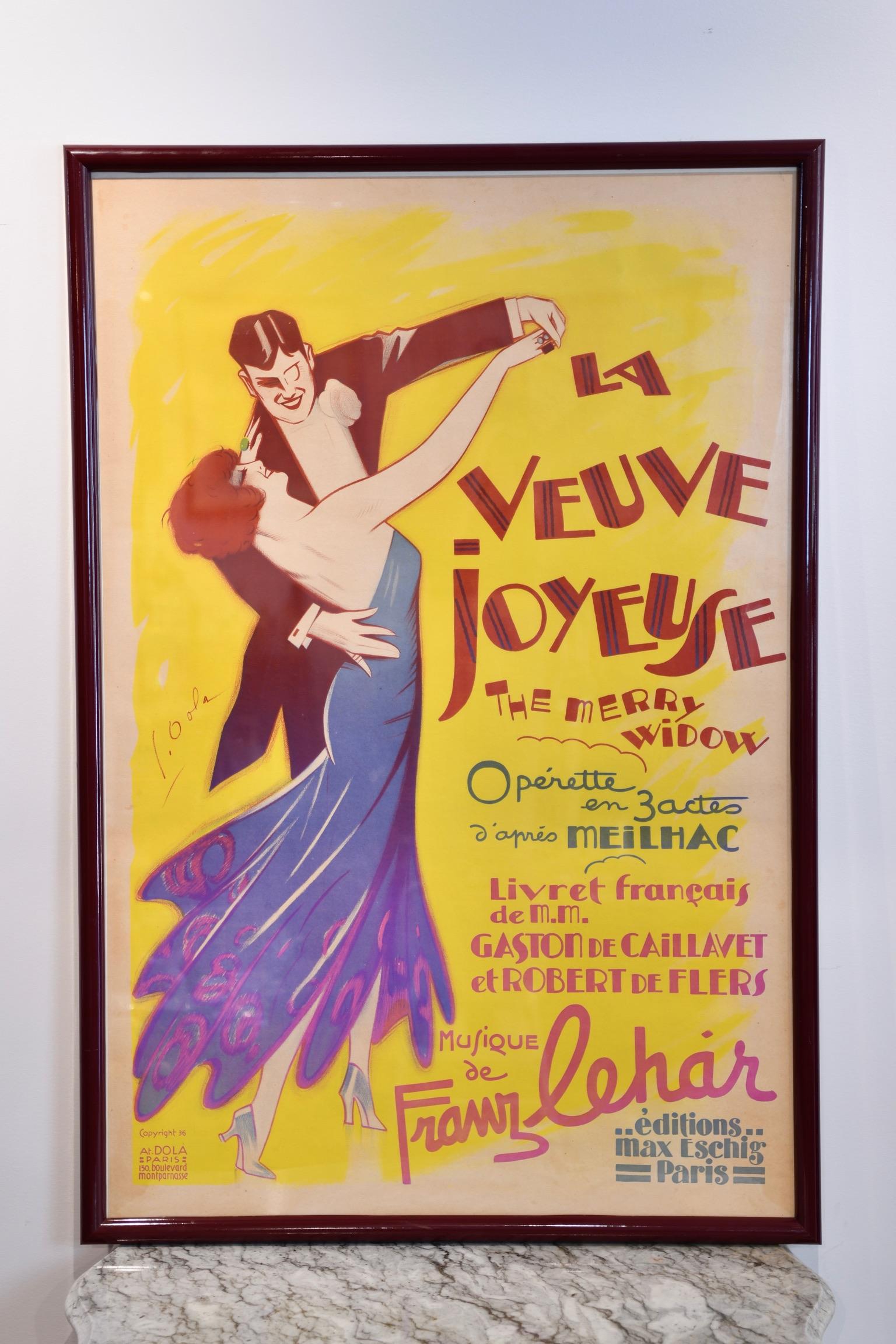 Georges Dola (1872 -1950) affiche originale pour l'opérette La Veuve joyeuse, datée de 1936, Max Eschig Paris. Dimensions : 51 