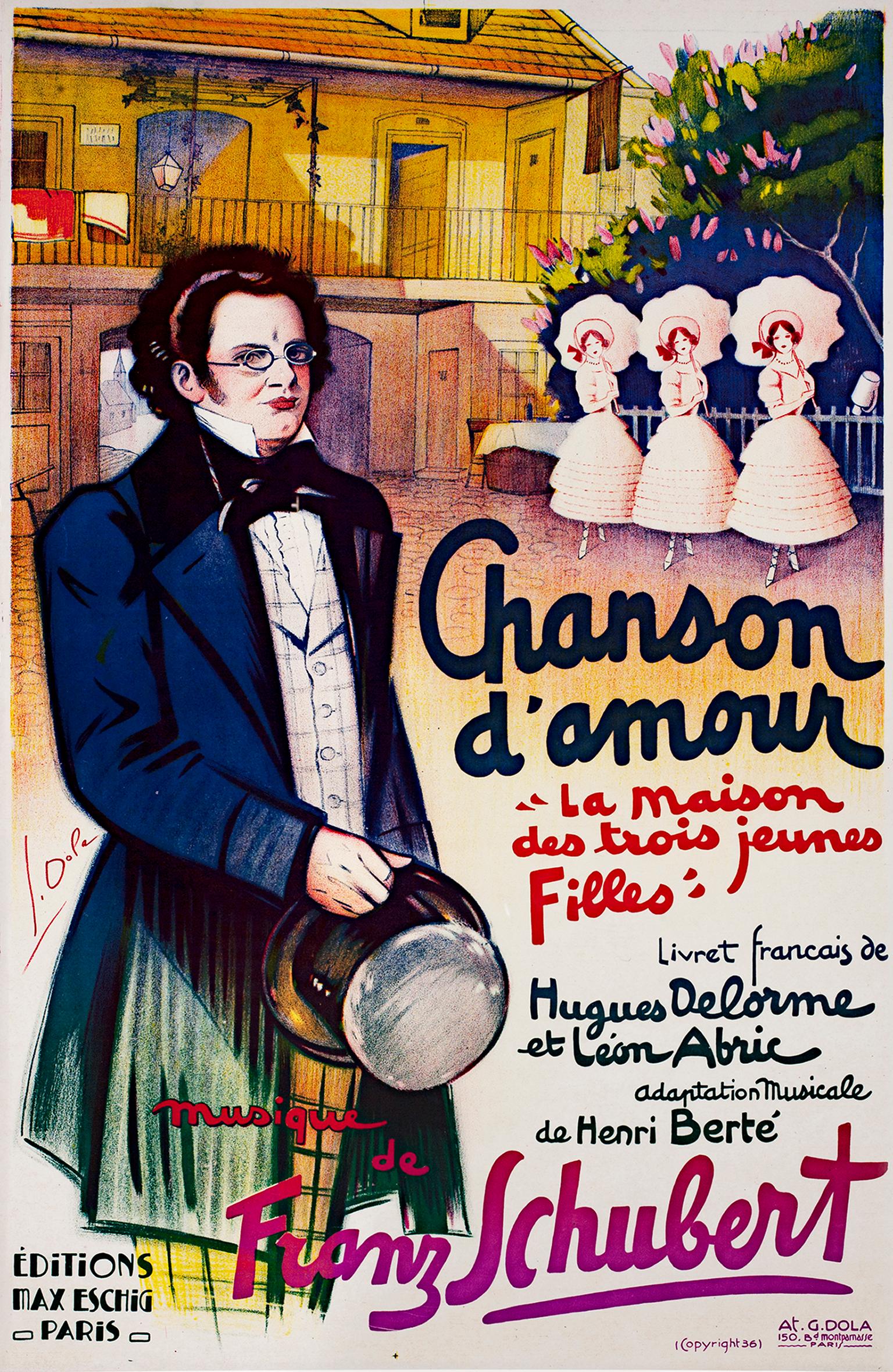 "Chanson d'Amour" ist ein original lithografiertes Plakat von Georges Dola. Der Künstler signierte das Bild auf der linken Seite von Franz Schubert. Dieses Plakat, das vom Club of America herausgegeben wurde, diente der Werbung für eine