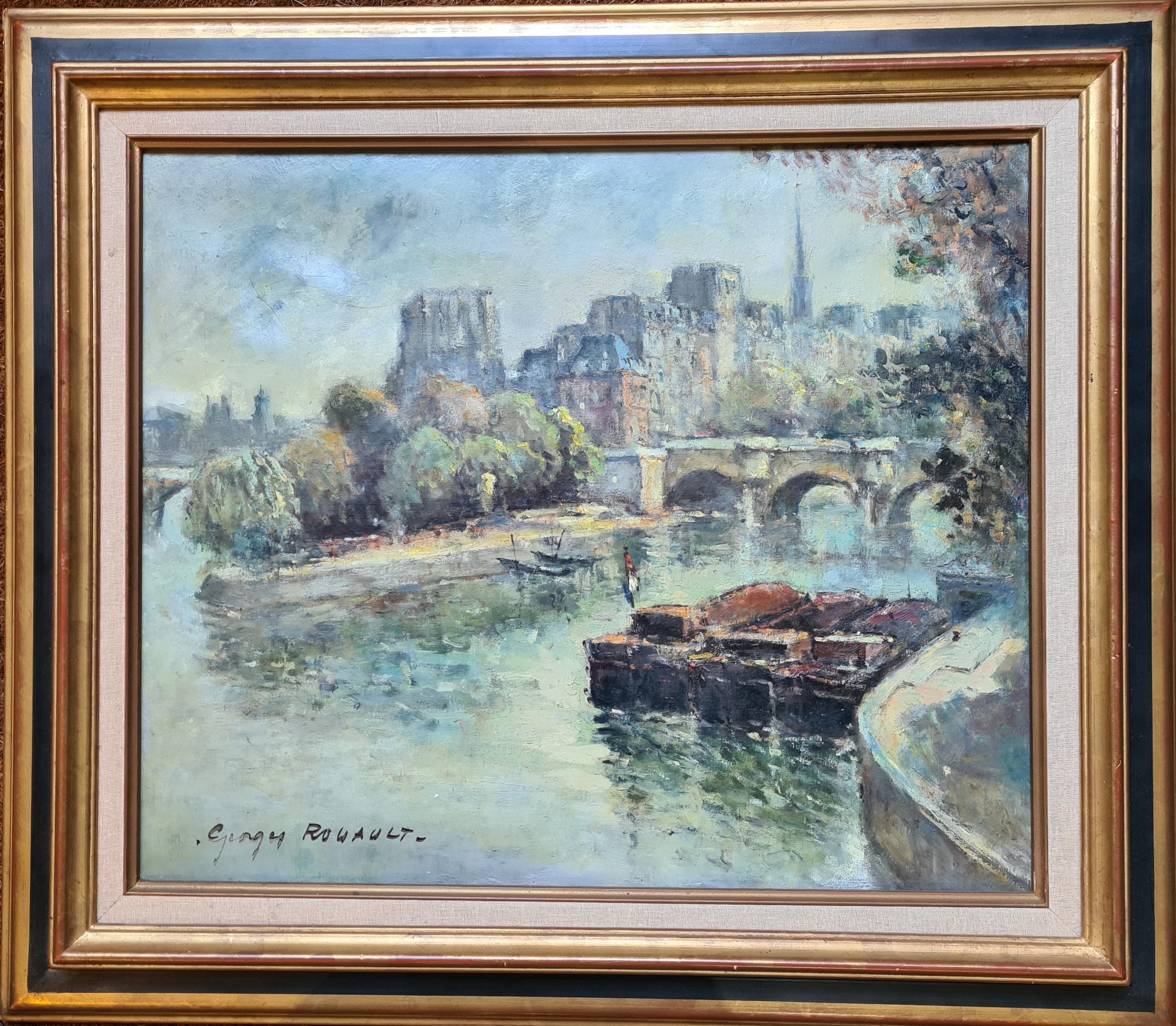 Huile sur toile du milieu du siècle, Le Pont Neuf, Paris, Vue de la Seine vers Notre Dame - Painting de  Georges Dominique Rouault