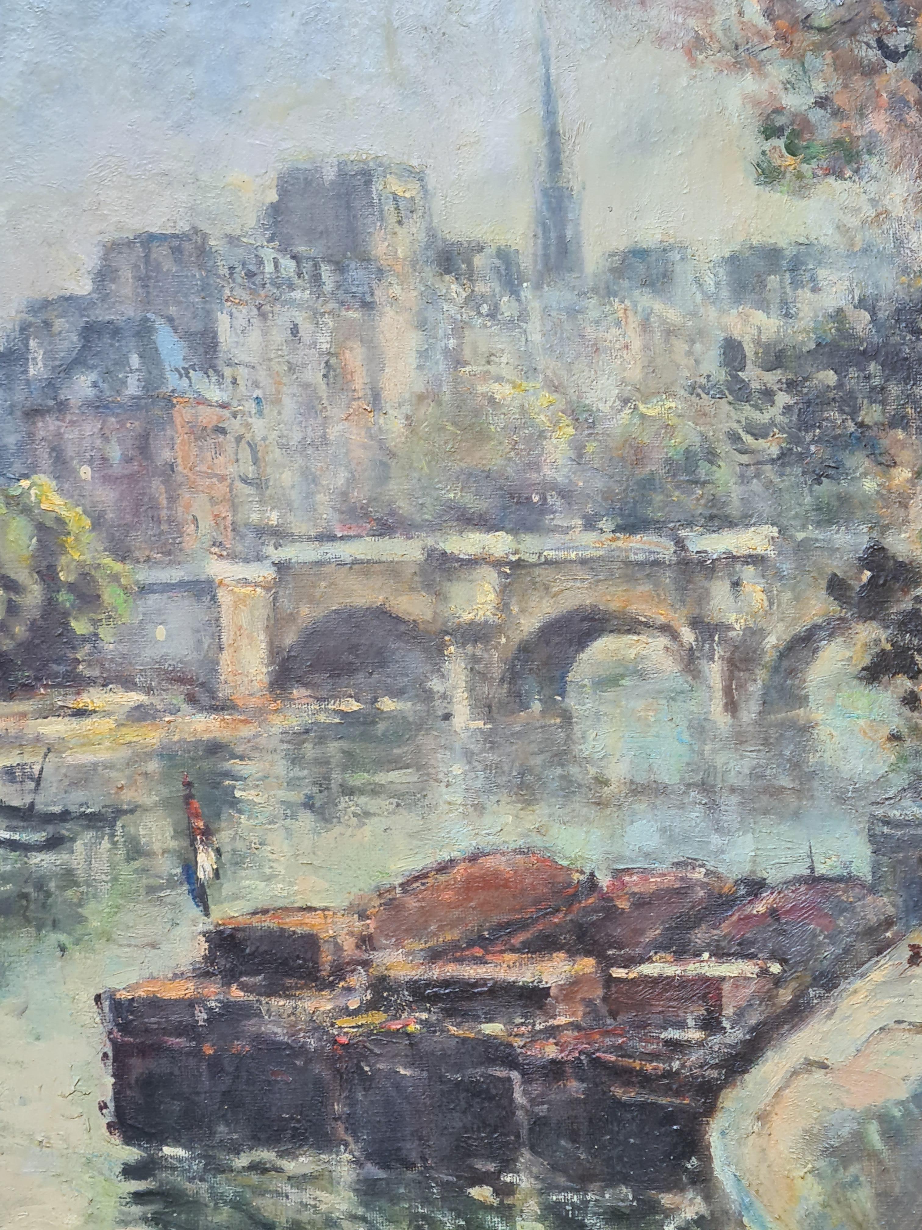 Huile sur toile du milieu du siècle, Le Pont Neuf, Paris, Vue de la Seine vers Notre Dame - Impressionnisme Painting par  Georges Dominique Rouault