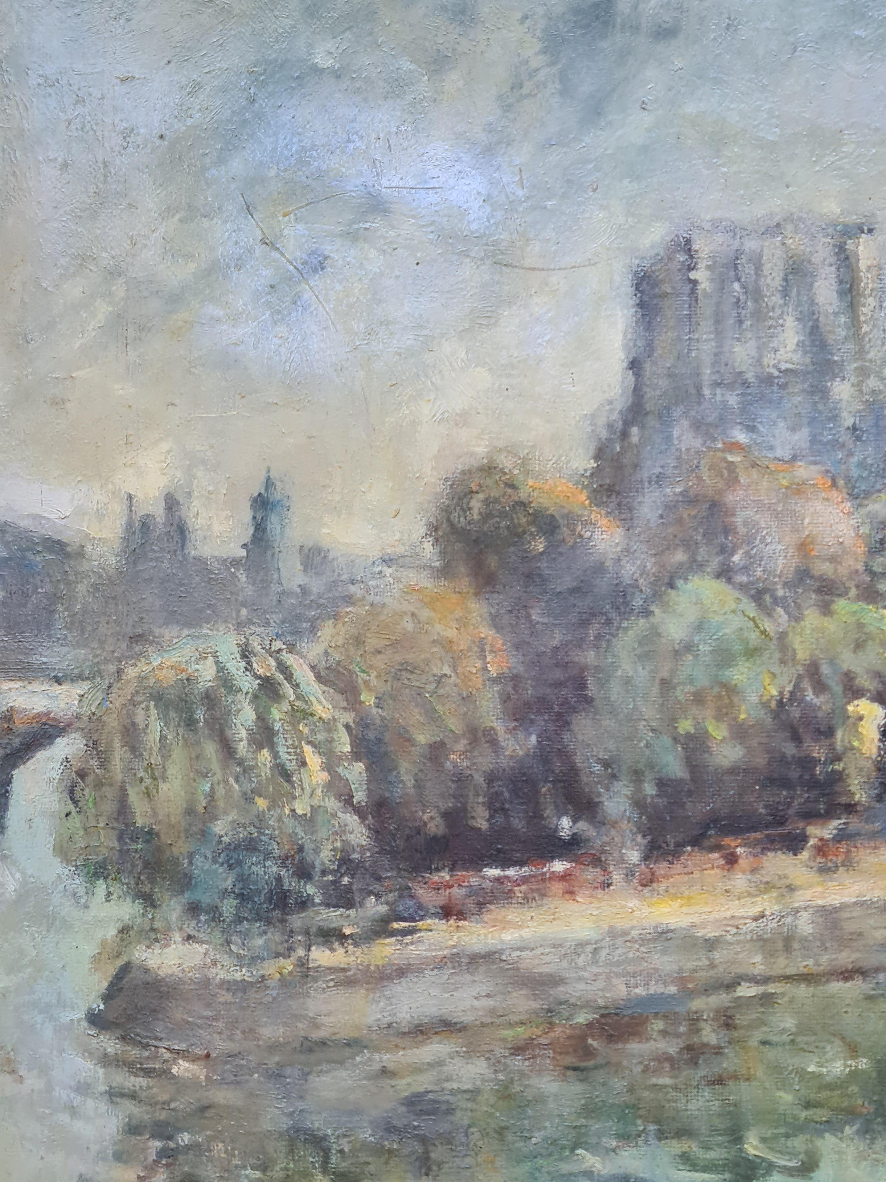 Huile sur toile française du milieu du siècle représentant le Pont Neuf à Paris par Georges Dominique Rouault. Signé en bas à gauche, présenté dans un beau cadre en bois peint et doré avec un slip en lin.

Vue charmante et atmosphérique de cette