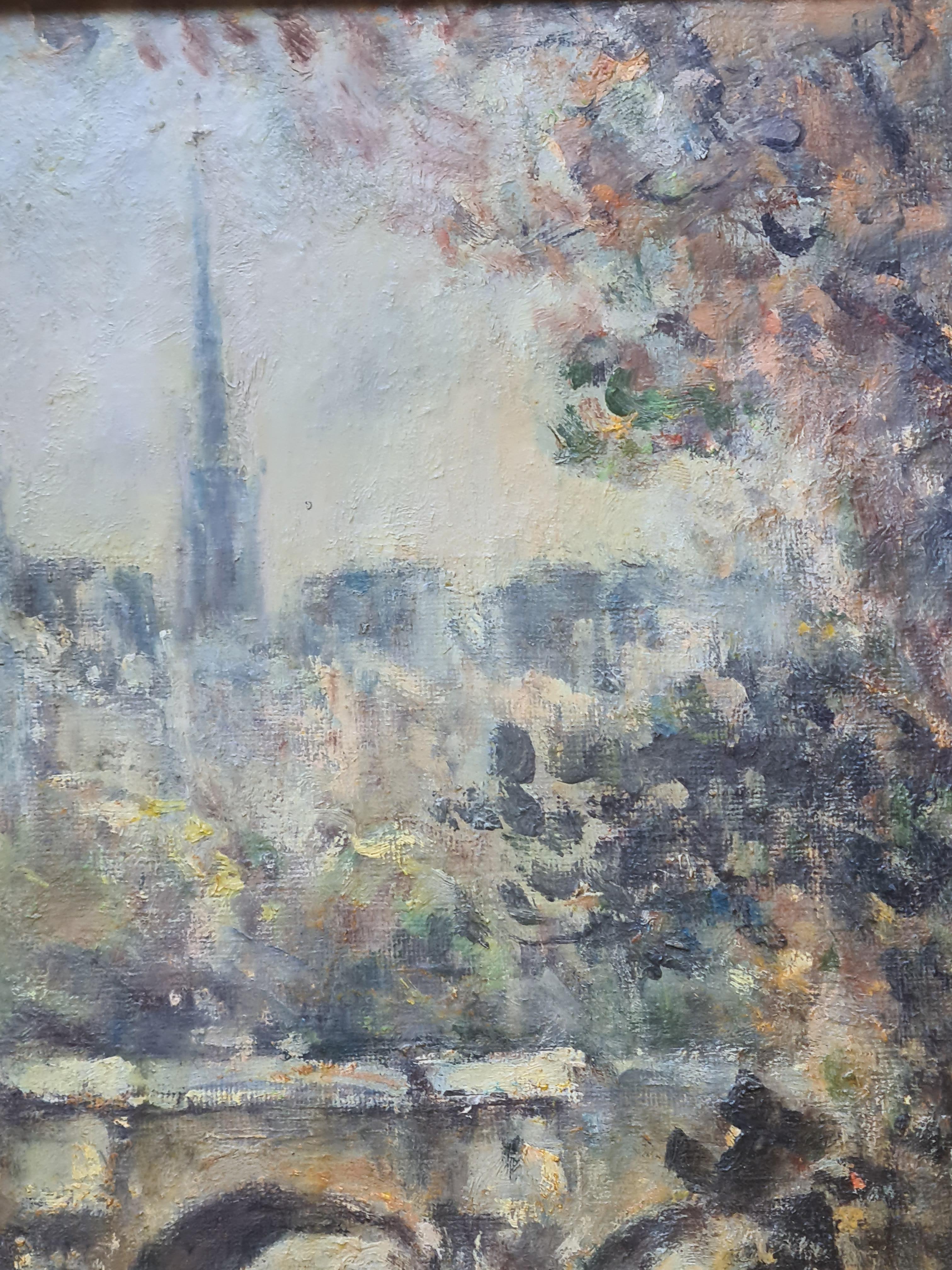 Huile sur toile du milieu du siècle, Le Pont Neuf, Paris, Vue de la Seine vers Notre Dame en vente 2