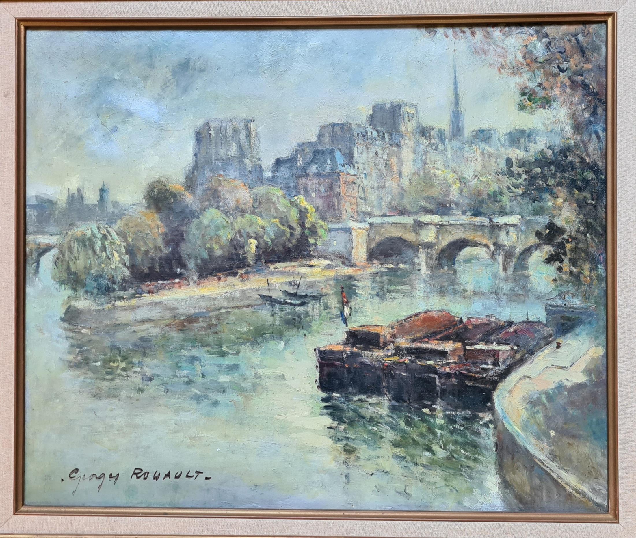 Landscape Painting  Georges Dominique Rouault - Huile sur toile du milieu du siècle, Le Pont Neuf, Paris, Vue de la Seine vers Notre Dame