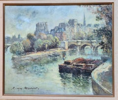 Vintage Le Pont Neuf, Paris, Mid Century Oil on Canvas View The Seine Towards Notre Dame