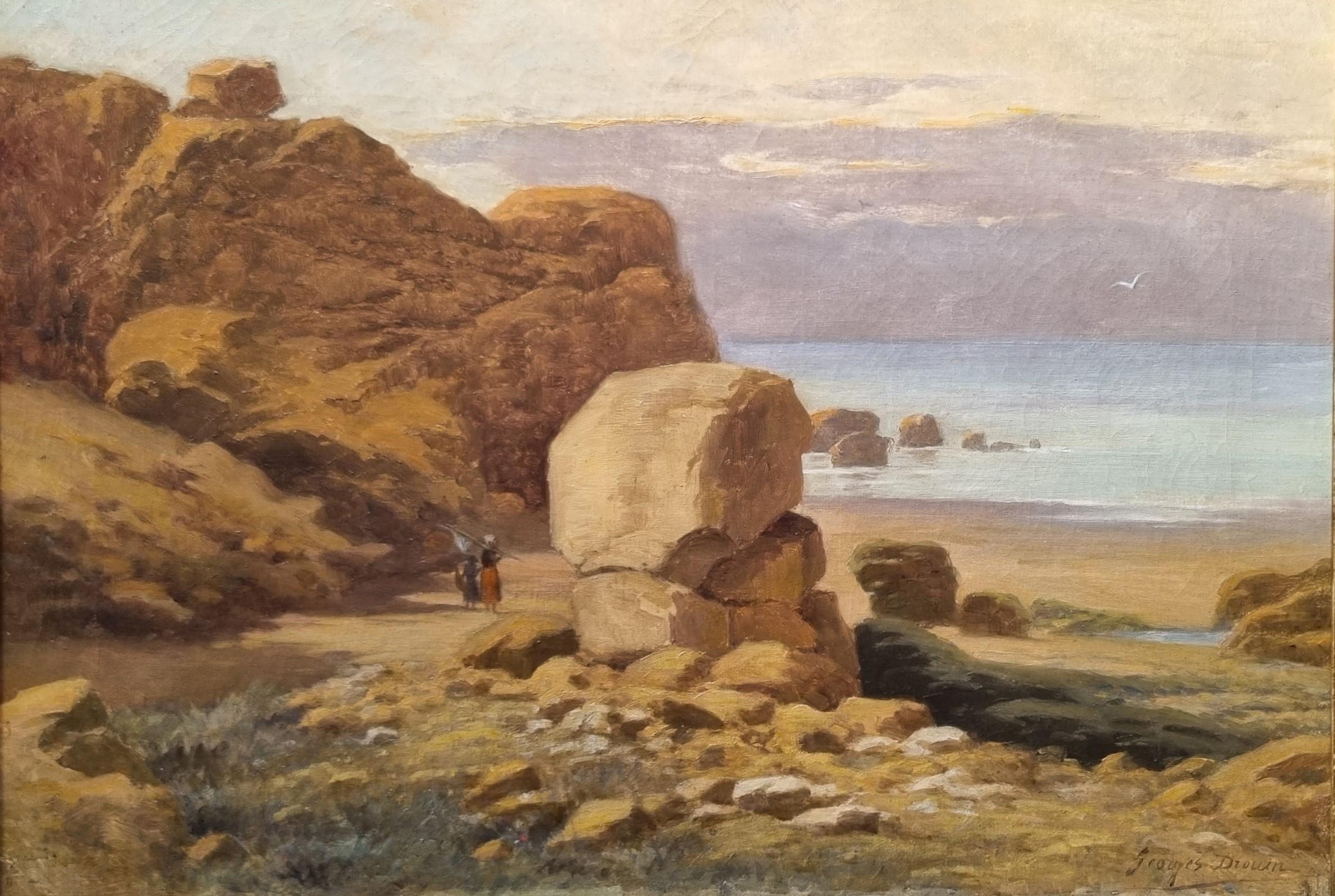 French Marine Brittany fisherwomen Sea Sunset 19th century - Painting by Georges DROUIN