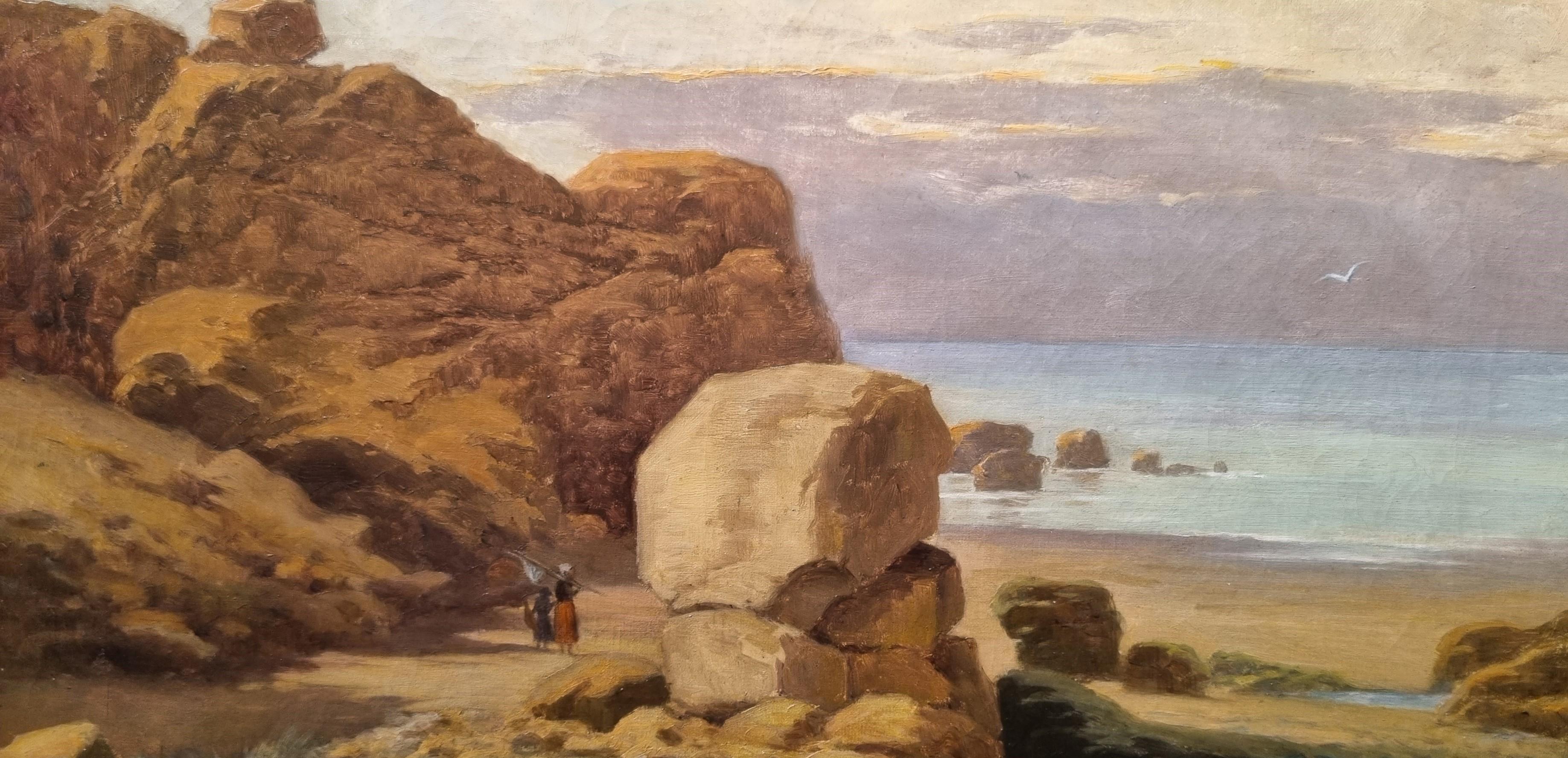 French Marine Brittany fisherwomen Sea Sunset 19th century - Brown Landscape Painting by Georges DROUIN