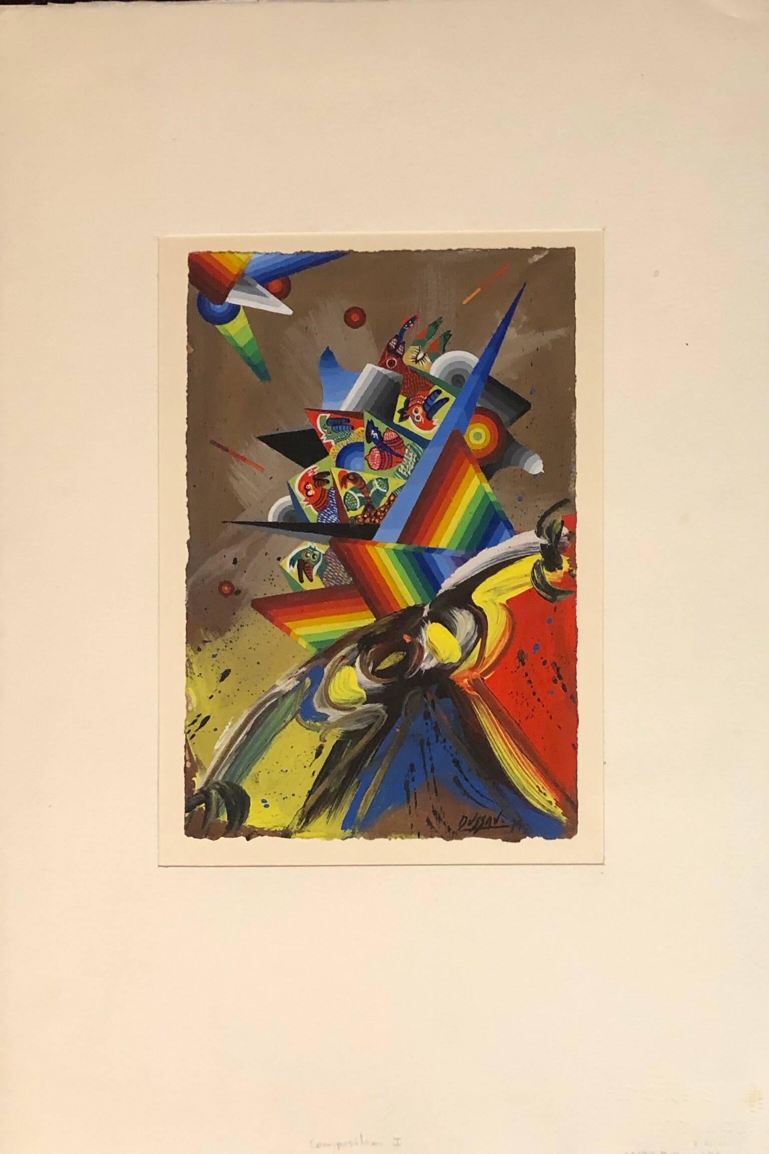 Surrealistische farbenfrohe, futuristische abstrakte Gemälde-Komposition I – Painting von Georges Dussau