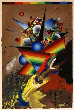 Komposition II, surrealistisches, farbenfrohes, futuristisches abstraktes Gemälde, Surrealistisch
