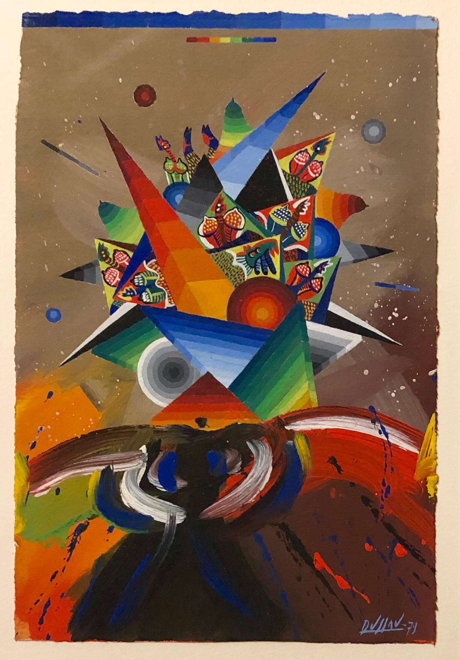 Georges Dussau Abstract Painting – Surrealistische farbenfrohe Futuristische abstrakte Gemälde-Komposition V