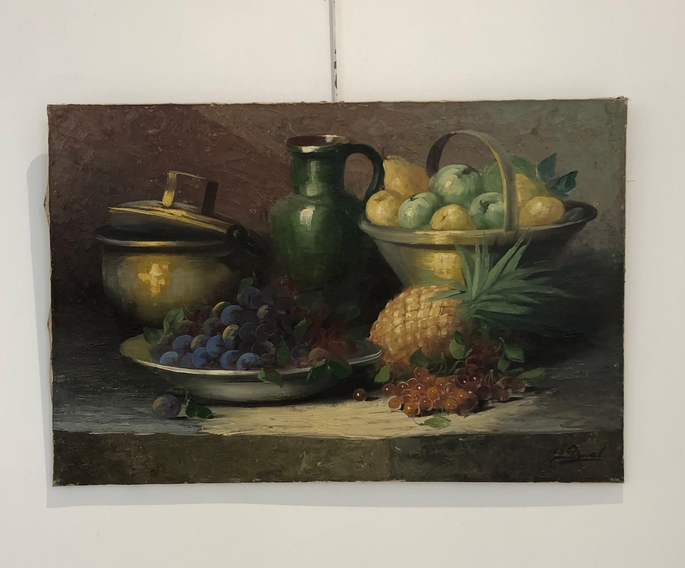Bodegón con frutas y jarra verde - Painting de Georges Duval