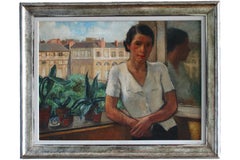 Gran retrato moderno de mediados de siglo de una mujer en un balcón parisino, Escuela de París
