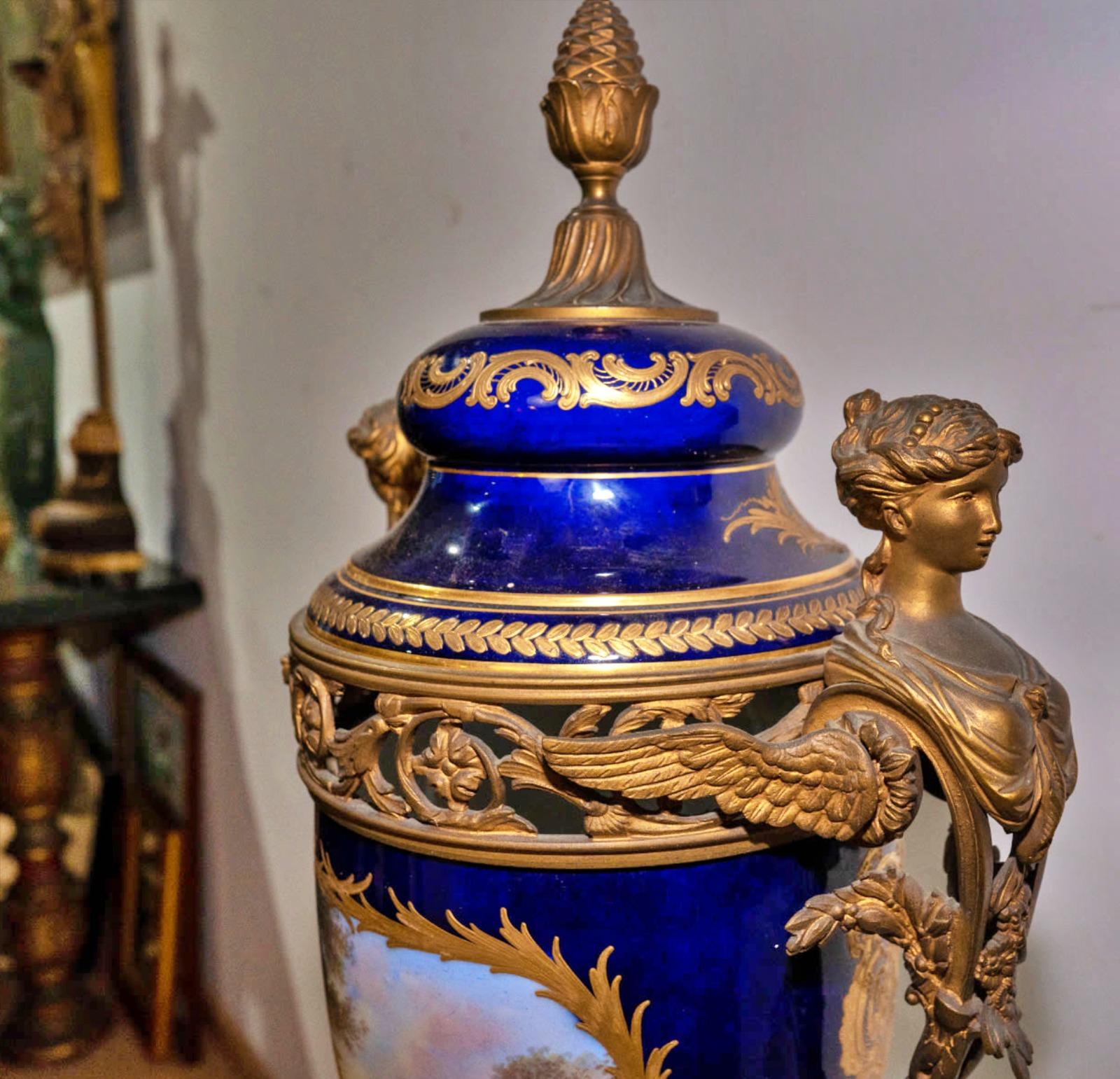 Georges Émile Poitevin Amazing Pair of Porcelain Amphoras Sevres, 19th Century For Sale 1