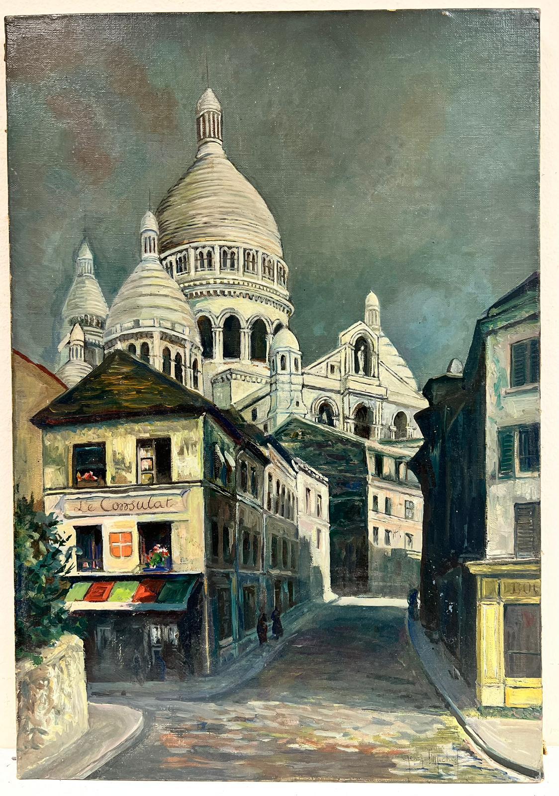 1940's Oleo Frances Firmado Sacre Coeur Montmartre Paris Street Scene View - Painting de Georges F. Michel