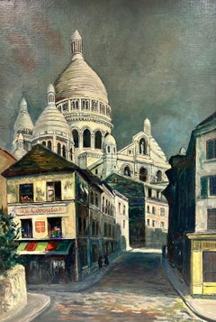 1940's French Signed Oil Sacre Coeur Montmartre Paris Street Scene View