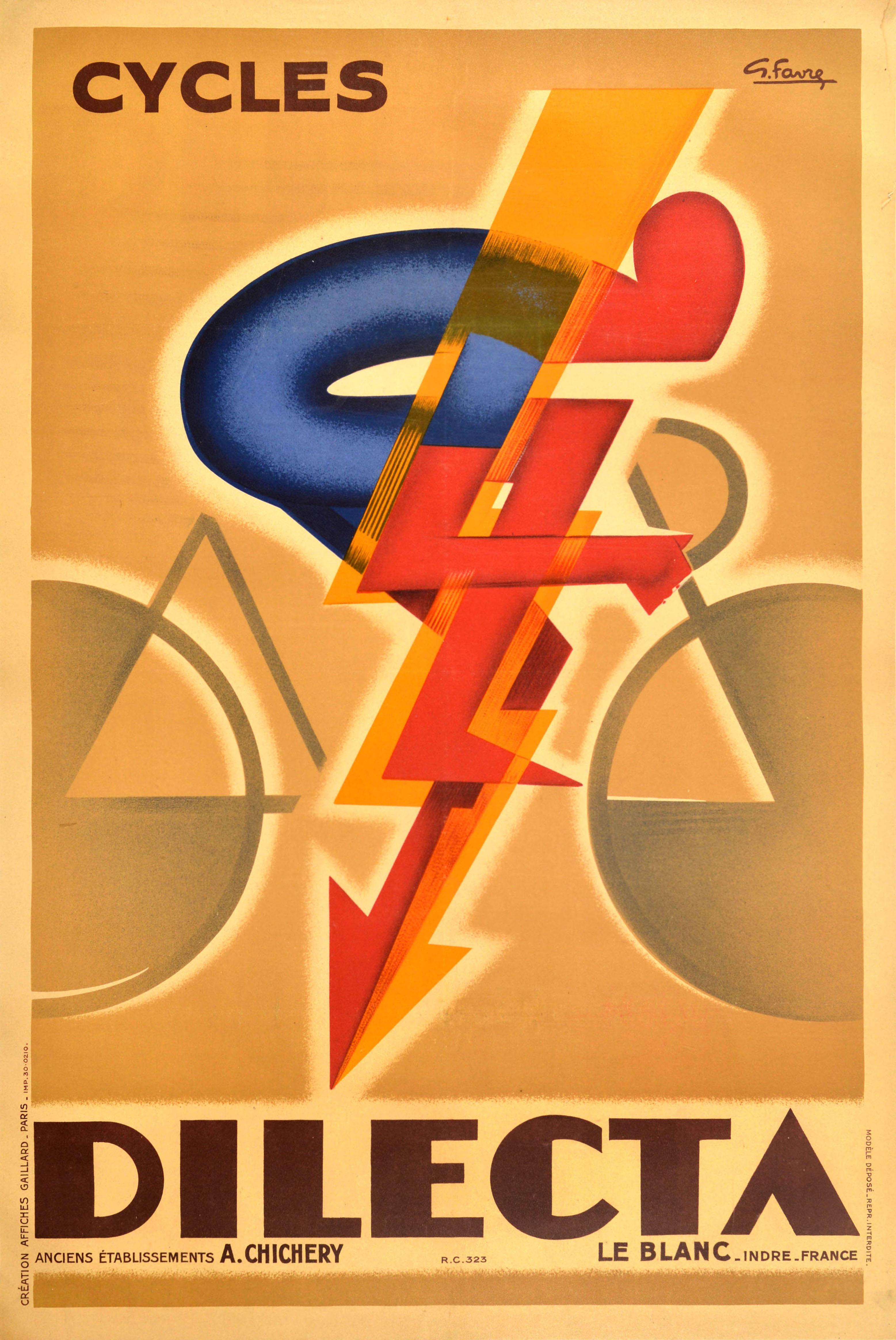 Originales antikes Werbeplakat für eine französische Fahrradmarke - Cycles Dilecta - mit einem farbenfrohen, dynamischen Art-Déco-Motiv, das eine stilisierte Figur eines nach vorne gelehnten Radfahrers zeigt, der mit hoher Geschwindigkeit auf einem