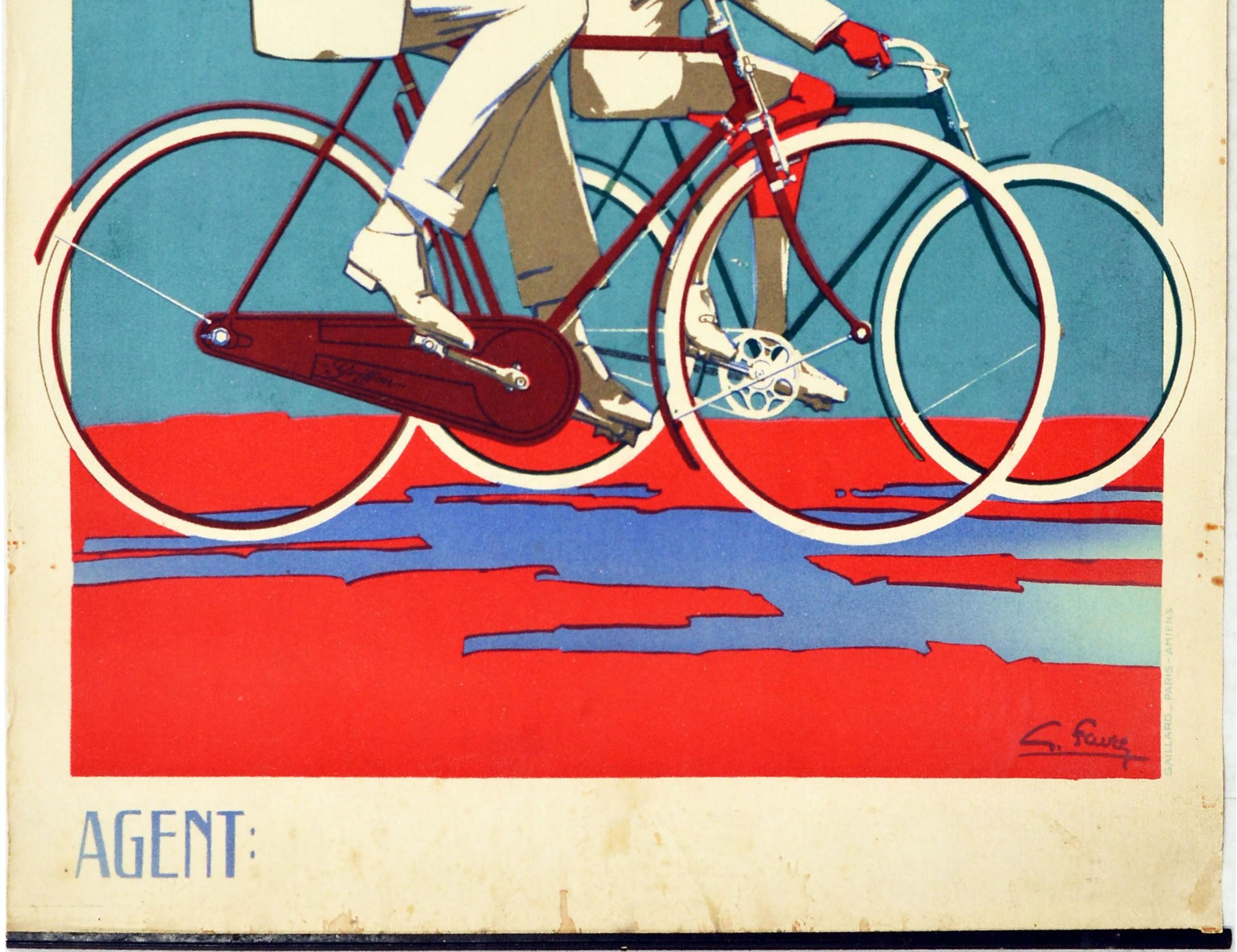 Affiche publicitaire d'origine Art déco vintage Cycles Griffon Cycling France Coast - Bleu Print par Georges Favre