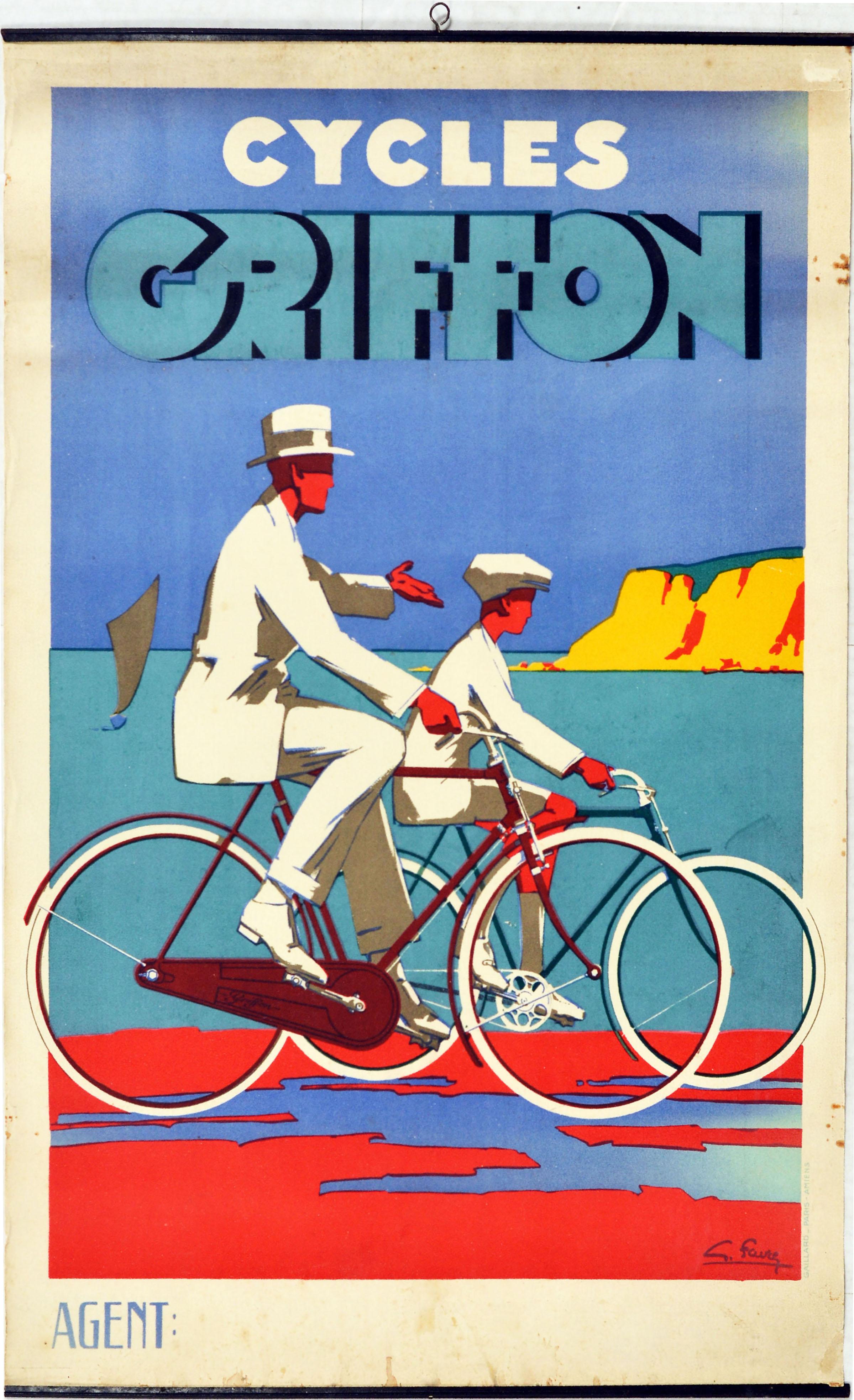Print Georges Favre - Affiche publicitaire d'origine Art déco vintage Cycles Griffon Cycling France Coast