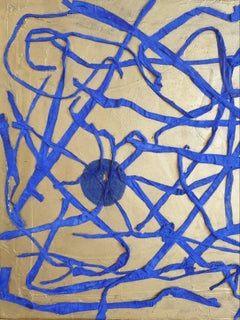 'Traces', Contemporary Mixed Media Abstract. Tendrils of Blue on Gold.