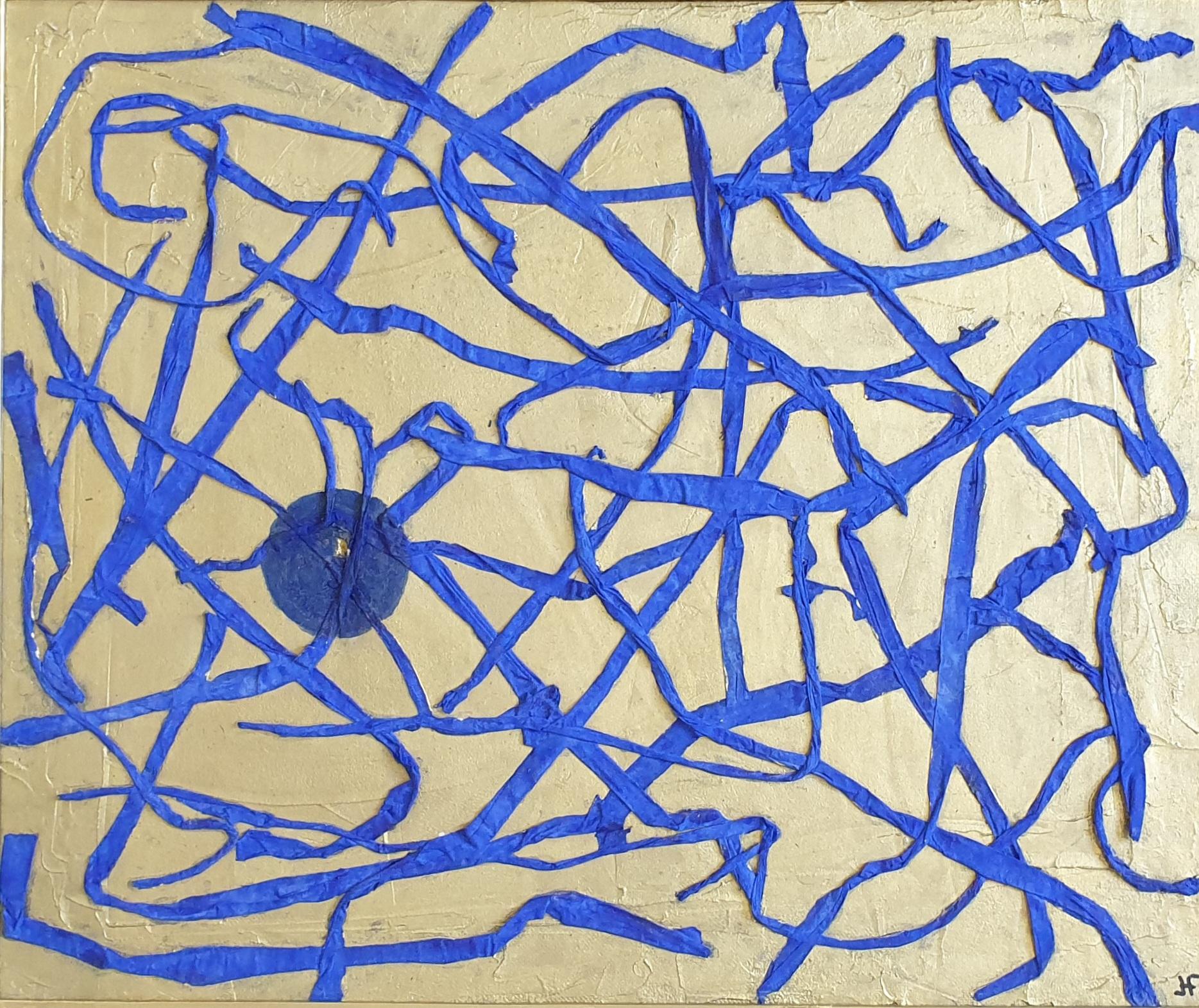 'Traces', Contemporary Mixed Media Abstract. Tendrils of Blue on Gold. For Sale 1