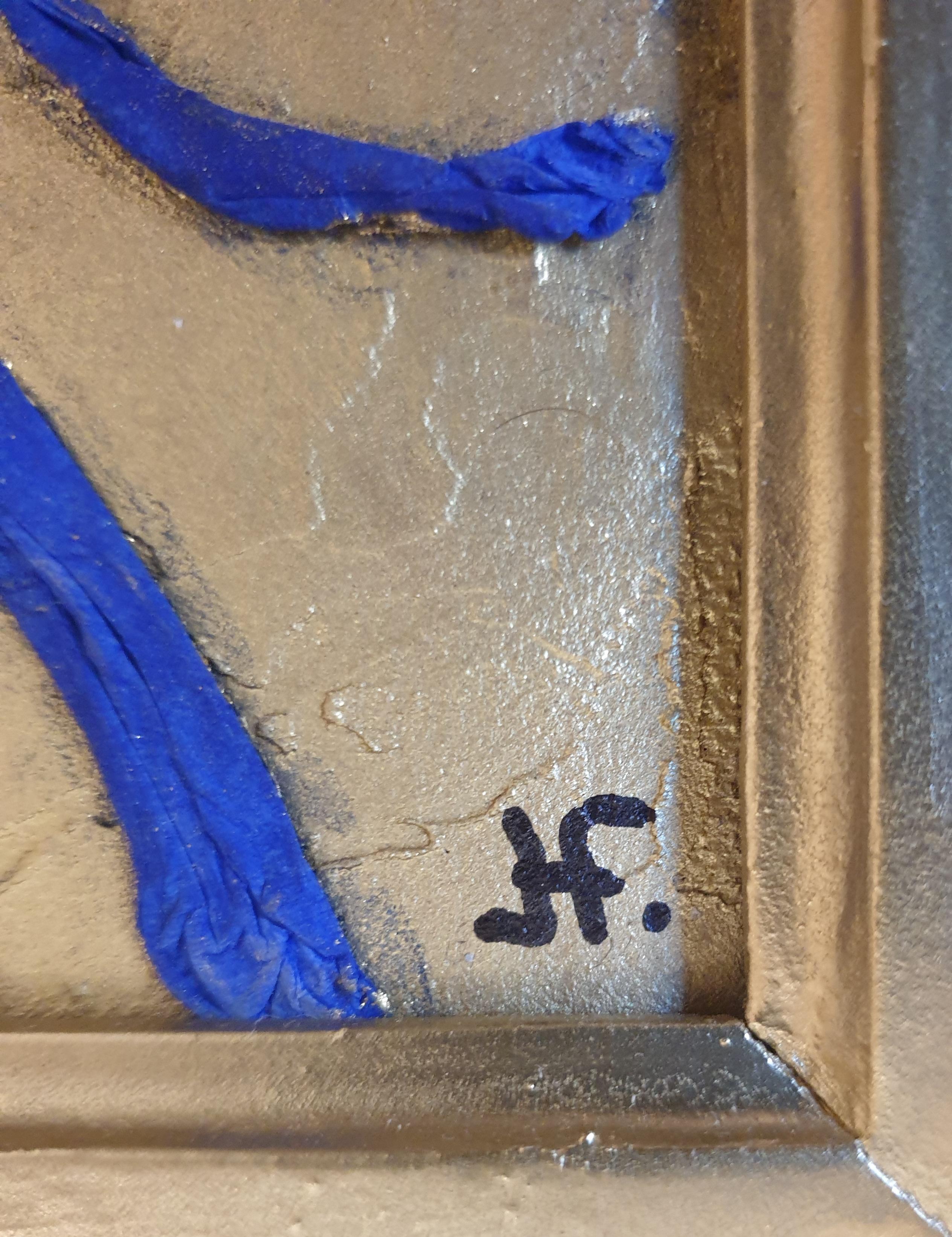 Astratto. Tendenze di blu su oro. Tecnica mista su tela. in vendita 4