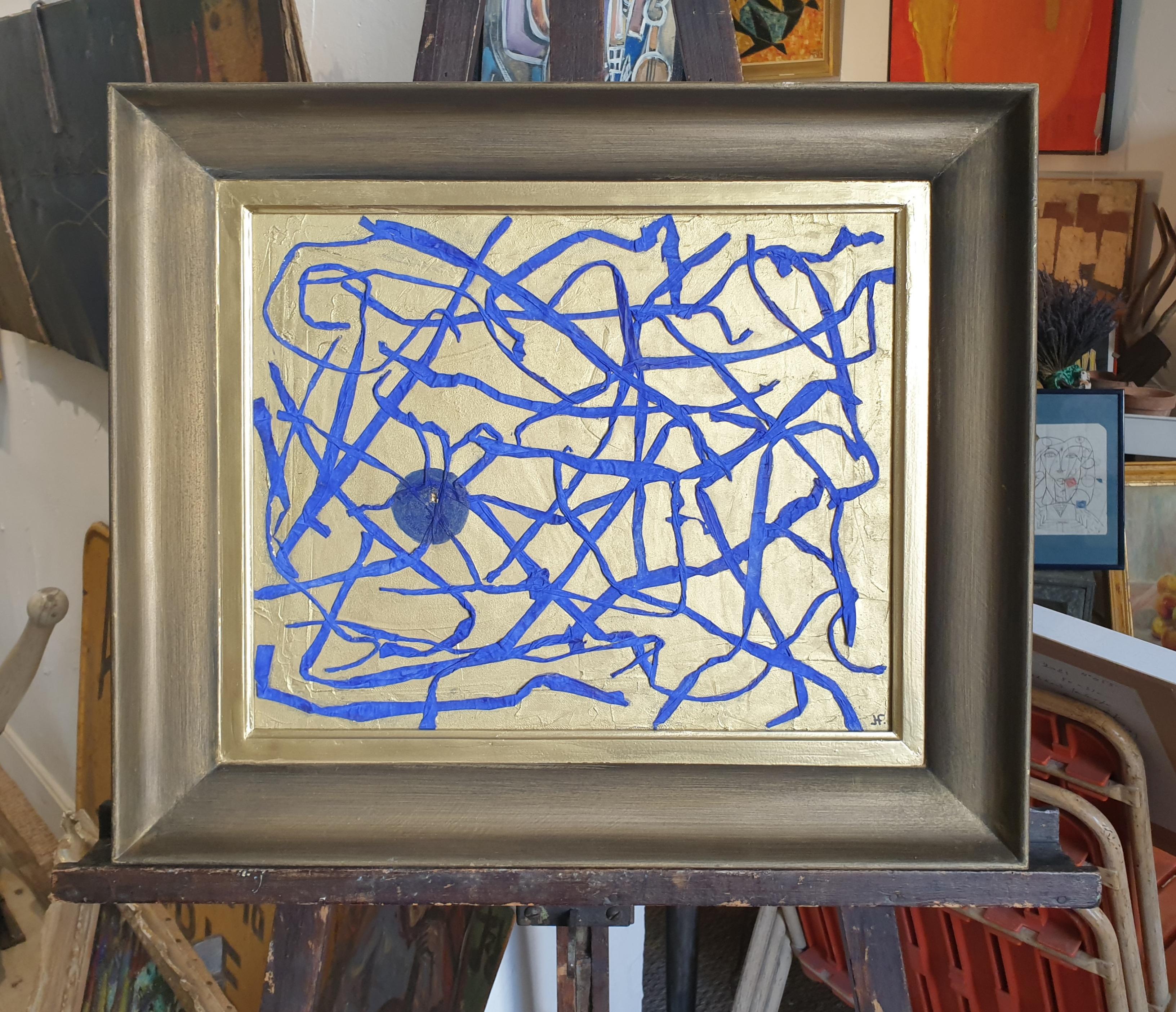 'Traces', Contemporary Mixed Media Abstract. Tendrils of Blue on Gold. For Sale 4