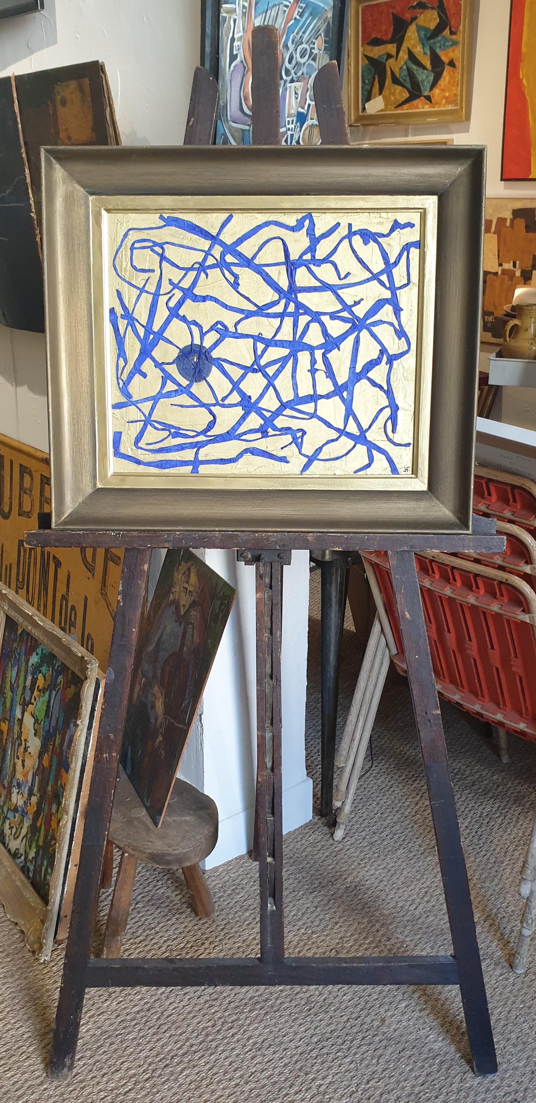 'Traces', Contemporary Mixed Media Abstract. Tendrils of Blue on Gold. For Sale 5