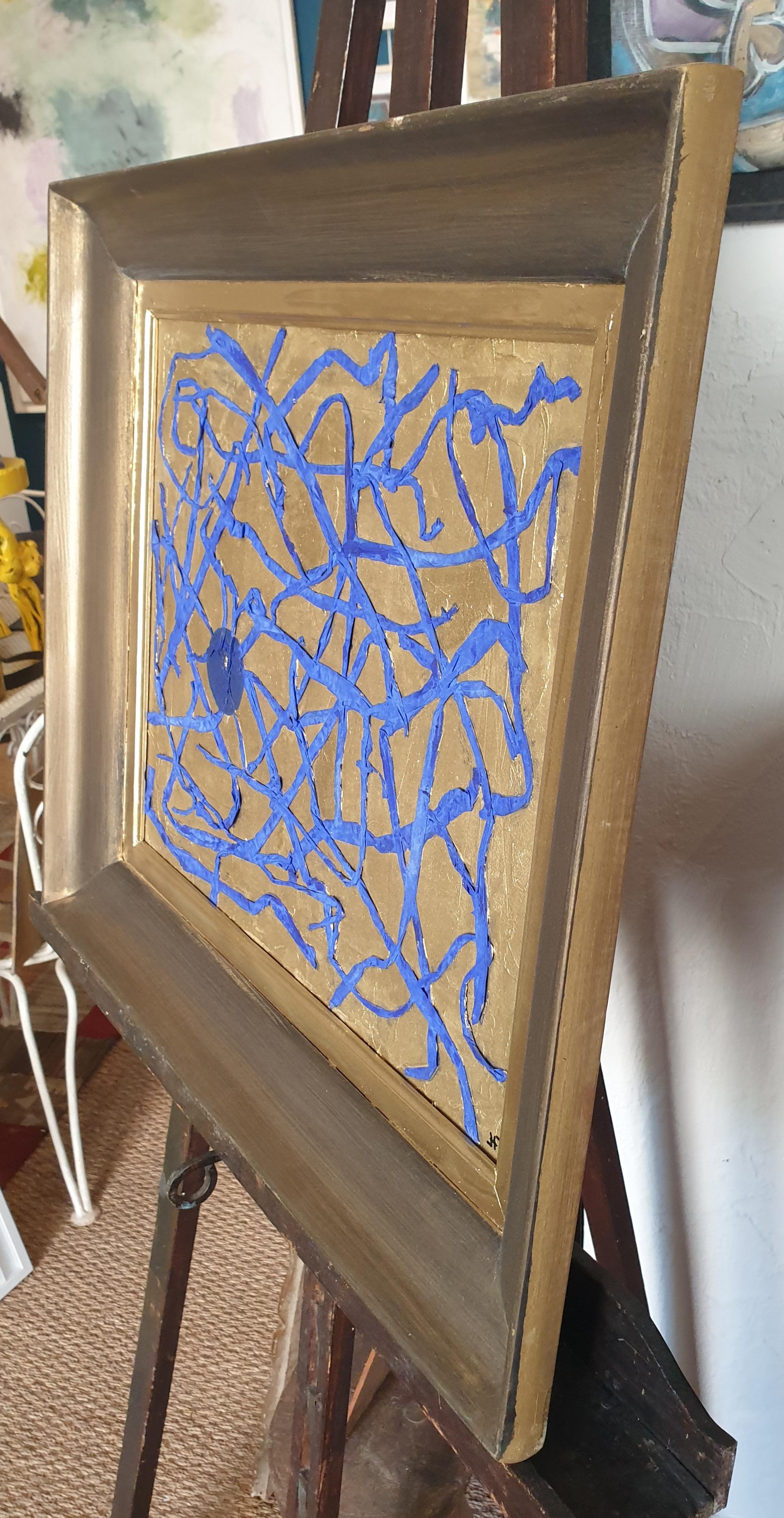 'Traces', Contemporary Mixed Media Abstract. Tendrils of Blue on Gold. For Sale 6