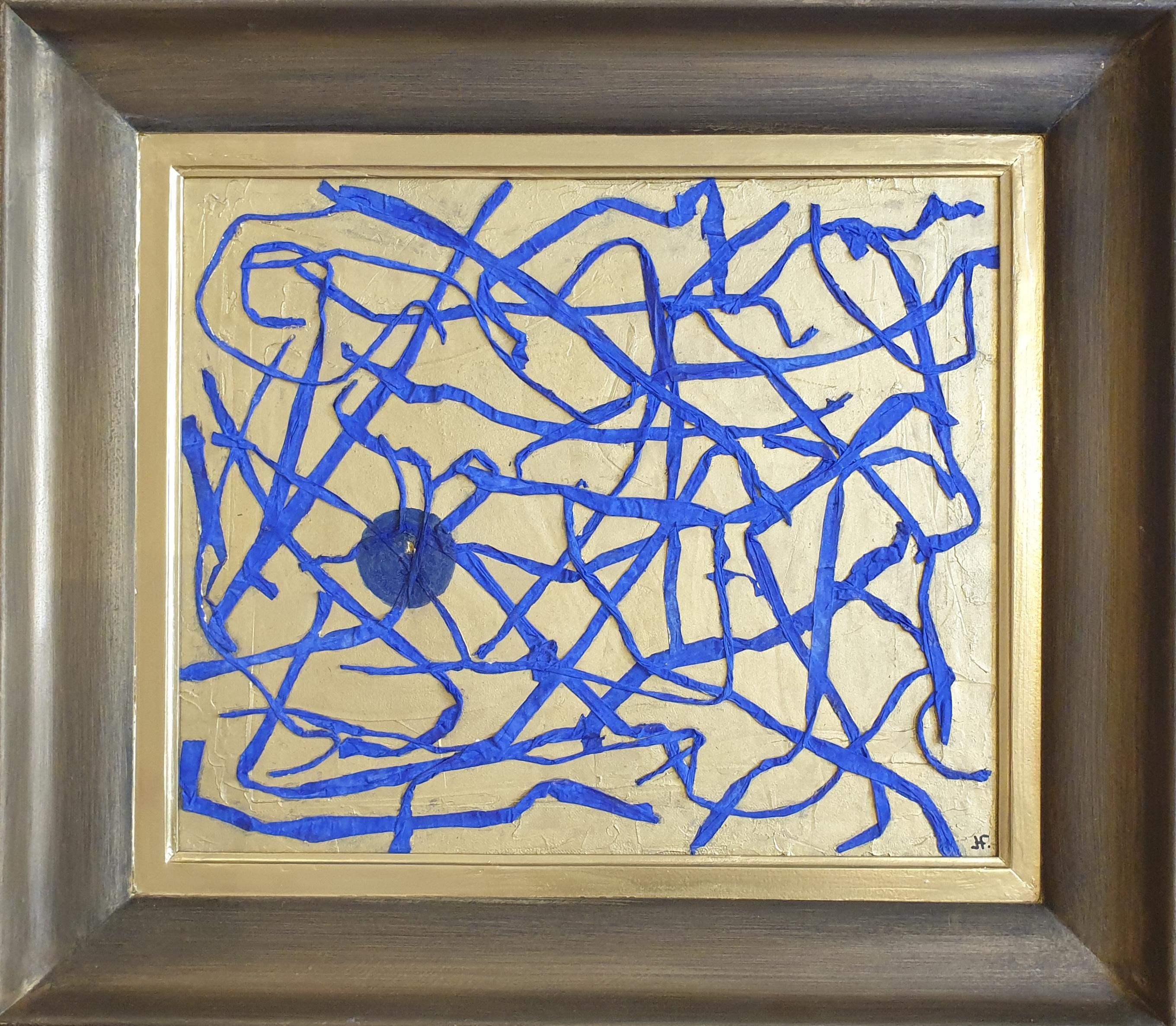 'Traces', Contemporary Mixed Media Abstract. Tendrils of Blue on Gold. - Mixed Media Art by Georges Fernandes