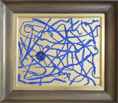 'Traces', Contemporary Mixed Media Abstract. Tendrils of Blue on Gold.