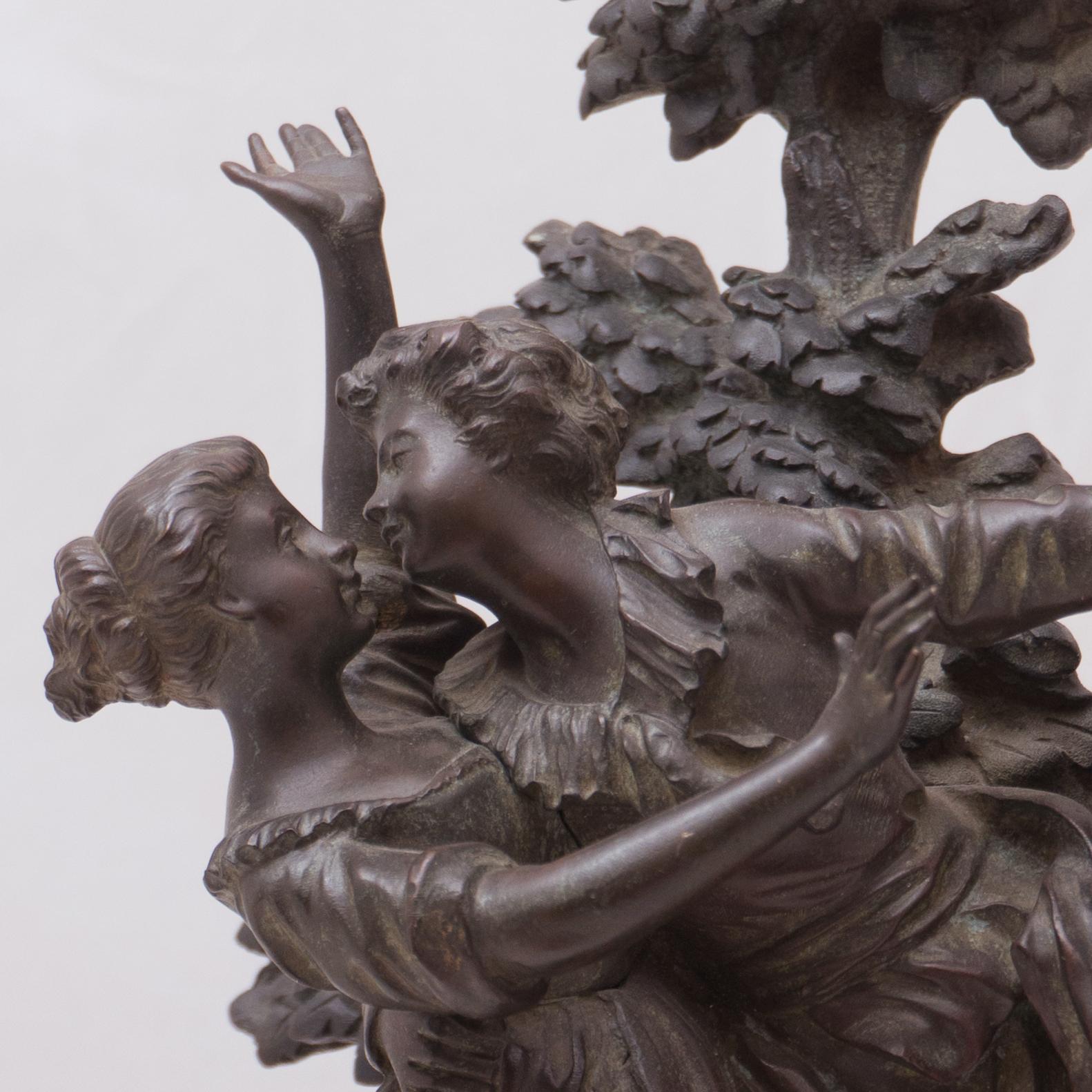 'The Kiss', Two Young Lovers Embracing, French Lost Wax Bronze Figural Group - Sculpture by Georges Flamand