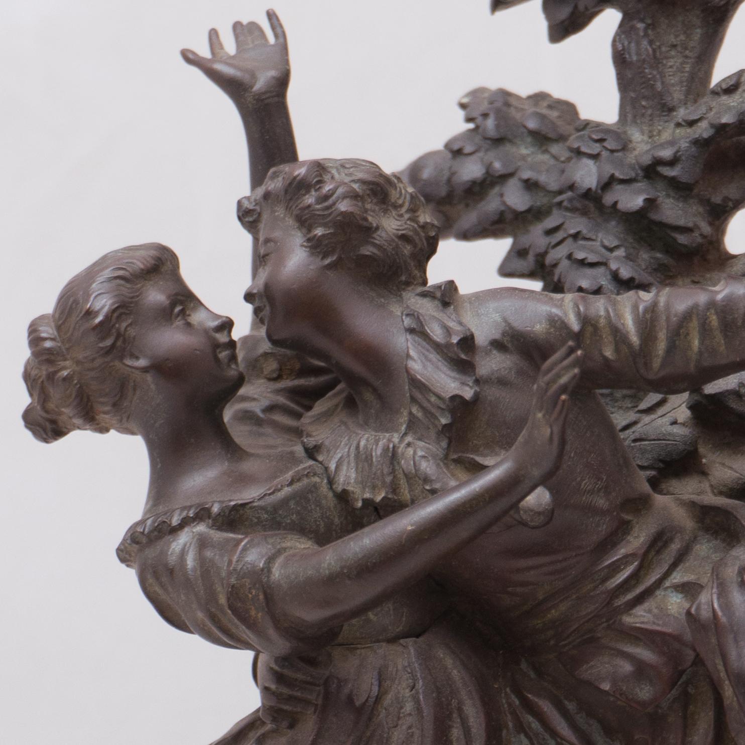 Signed 'G. Flamand' for Georges Flamand (French, 1895-1925) and created circa 1920.
Standing on a later striated, jade-green marble base. 
Base dimensions: 1.25 H x 4.25 D x 7.5 W Inches

A lively and well-composed figural bronze after the original