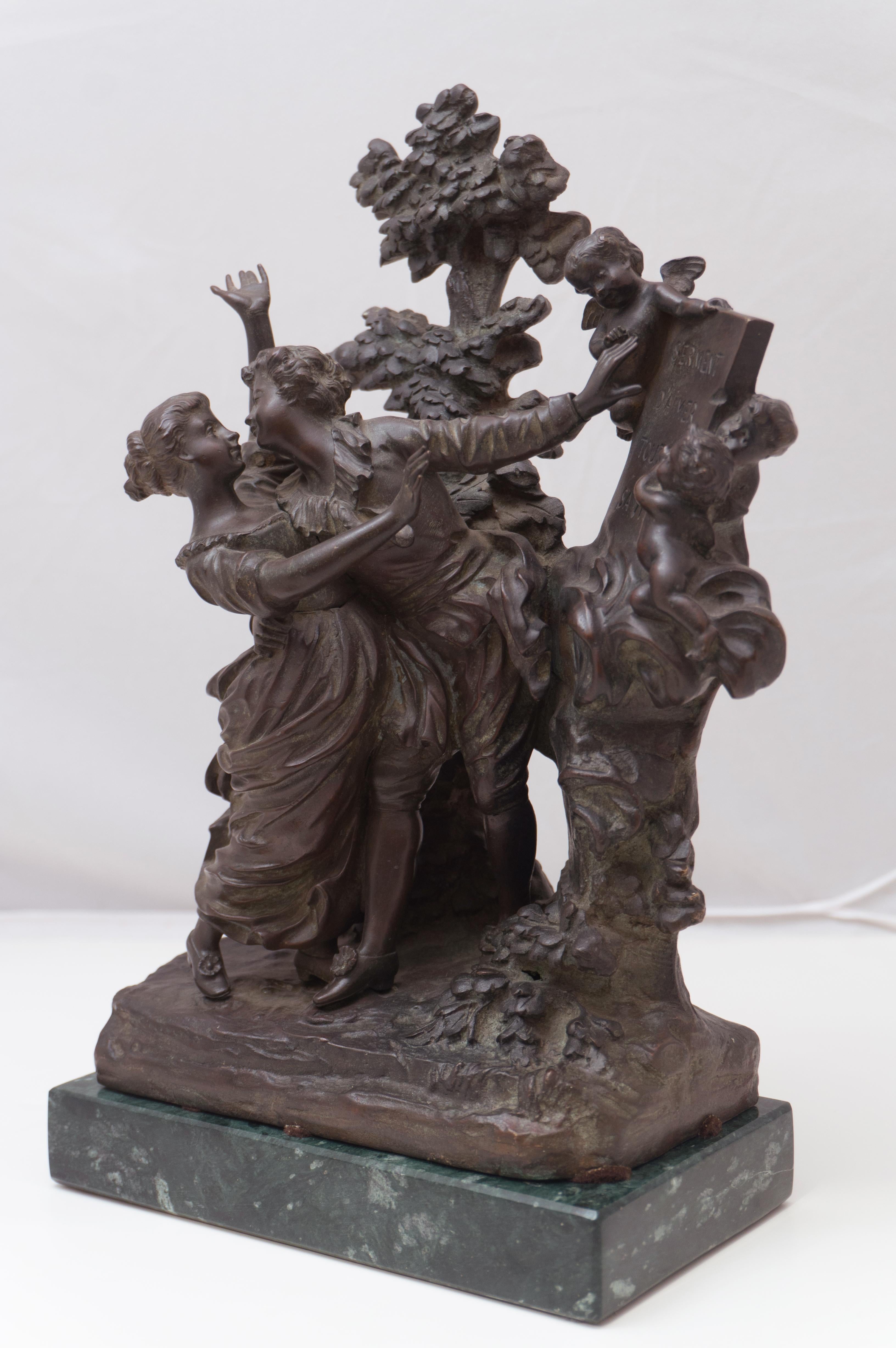 'The Kiss', Two Young Lovers Embracing, French Lost Wax Bronze Figural Group For Sale 1
