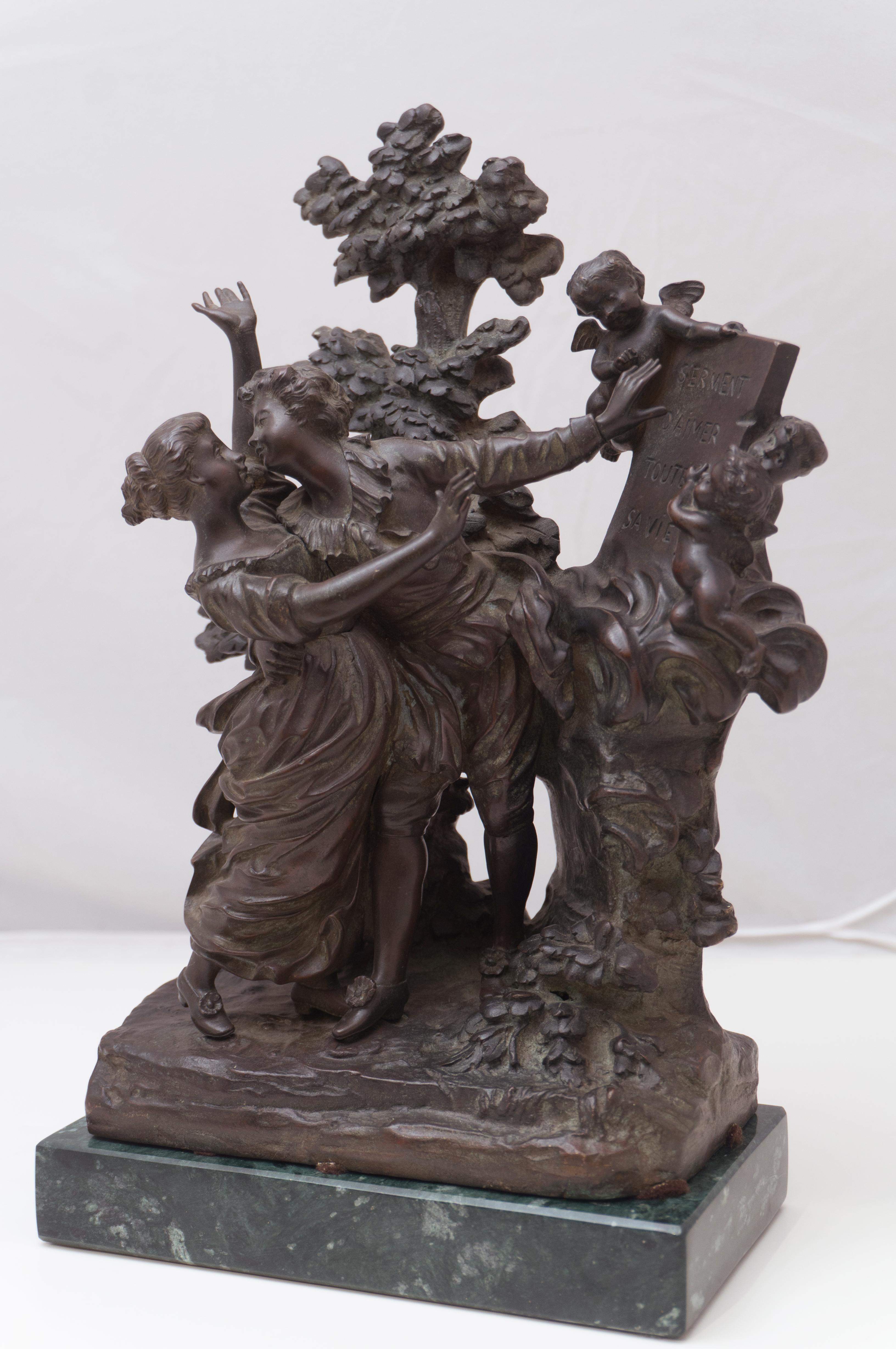 Georges Flamand Figurative Sculpture - 'The Kiss', Two Young Lovers Embracing, French Lost Wax Bronze Figural Group