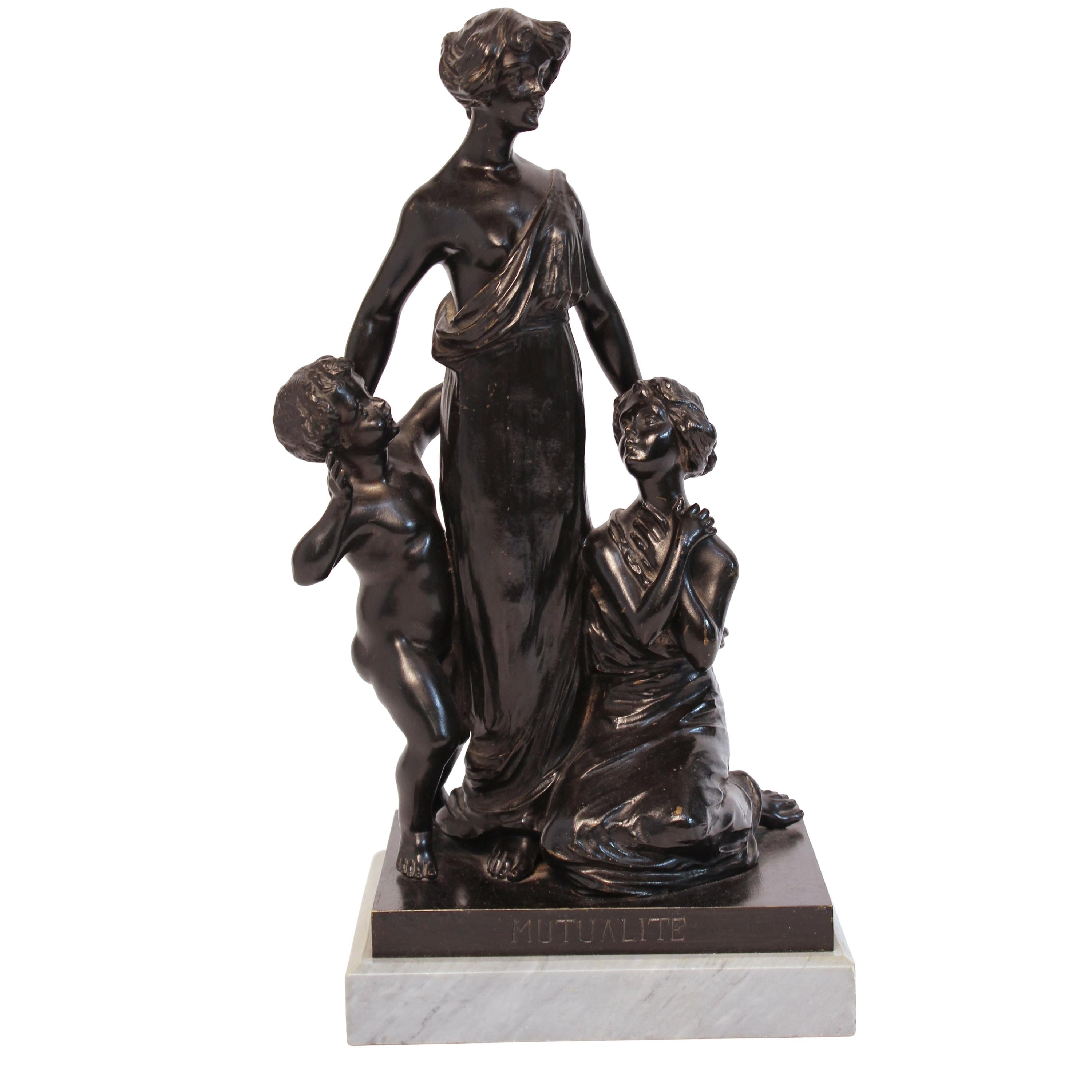 Georges Flamand Art Nouveau Bronze Sculpture "Mutualite" on Marble Base