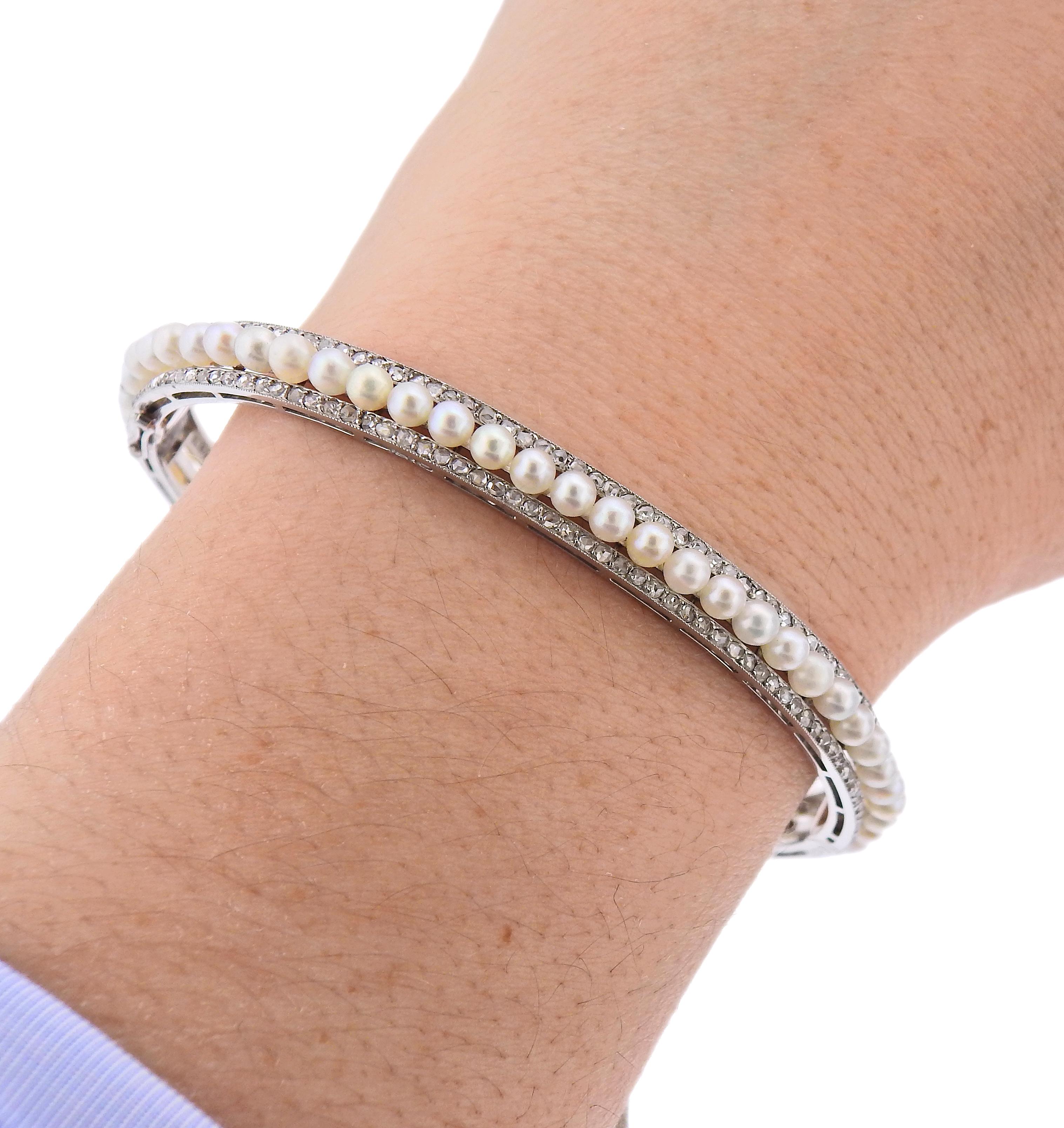 Georges Fouquet Paris Diamond Pearl Platinum Bangle Bracelet In Excellent Condition For Sale In New York, NY