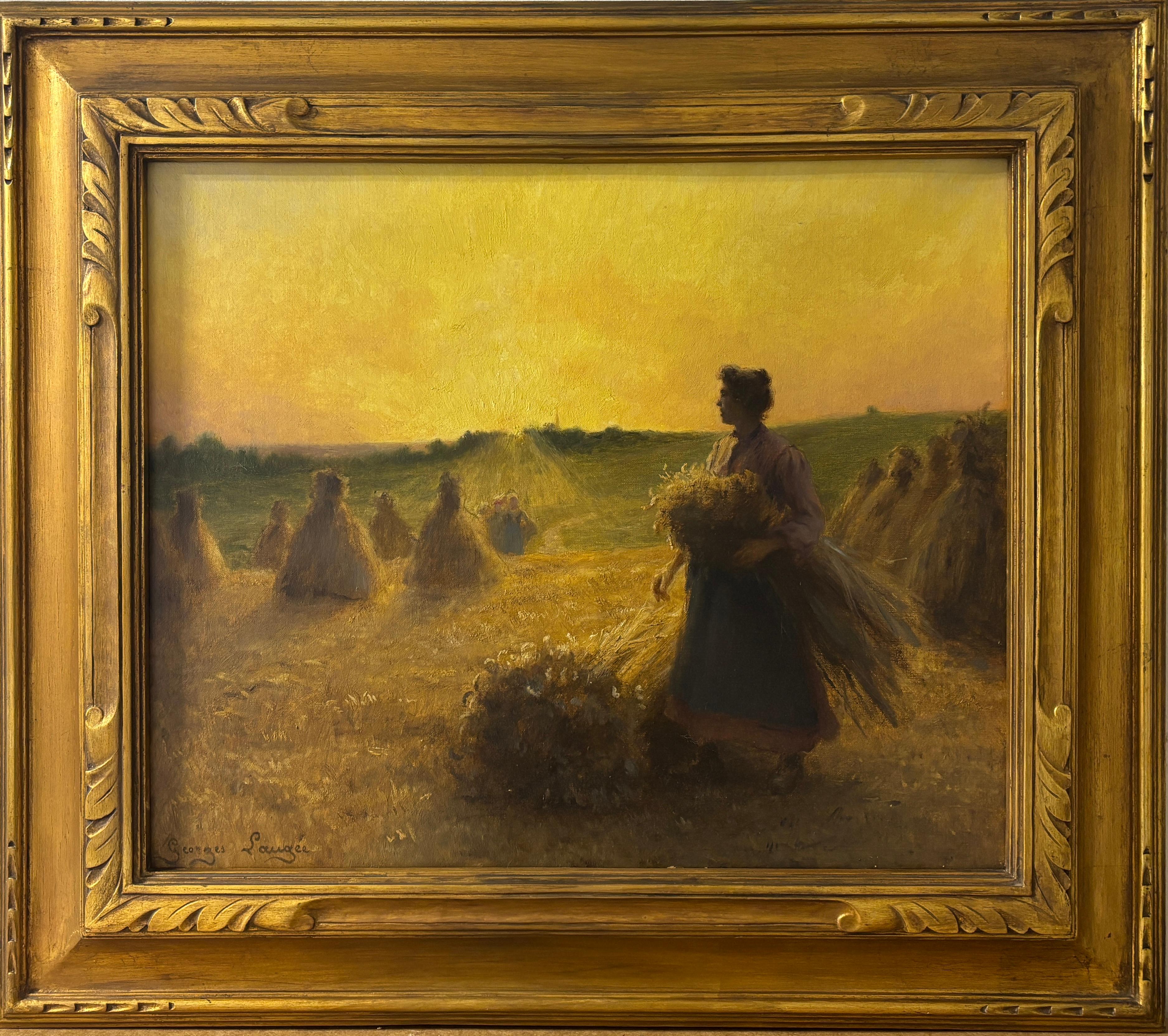 Georges François Laugée Landscape Painting - "The Gleaners" French 19th century oil on canvas Barbizon school