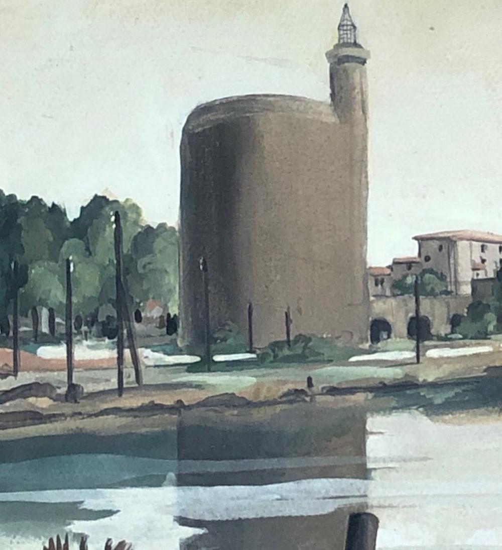 Water tower - Gray Landscape Painting by Fustier Georges