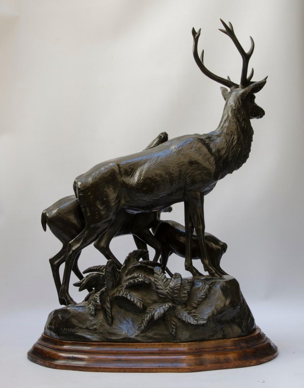 Georges GARDET (1863-1939)., Hunting bronze. Naturalia., Group of deer and trots in the forest. Bronze proof with dark patina., Founder: Ferdinand Barbedienne., Height: 60 cm.