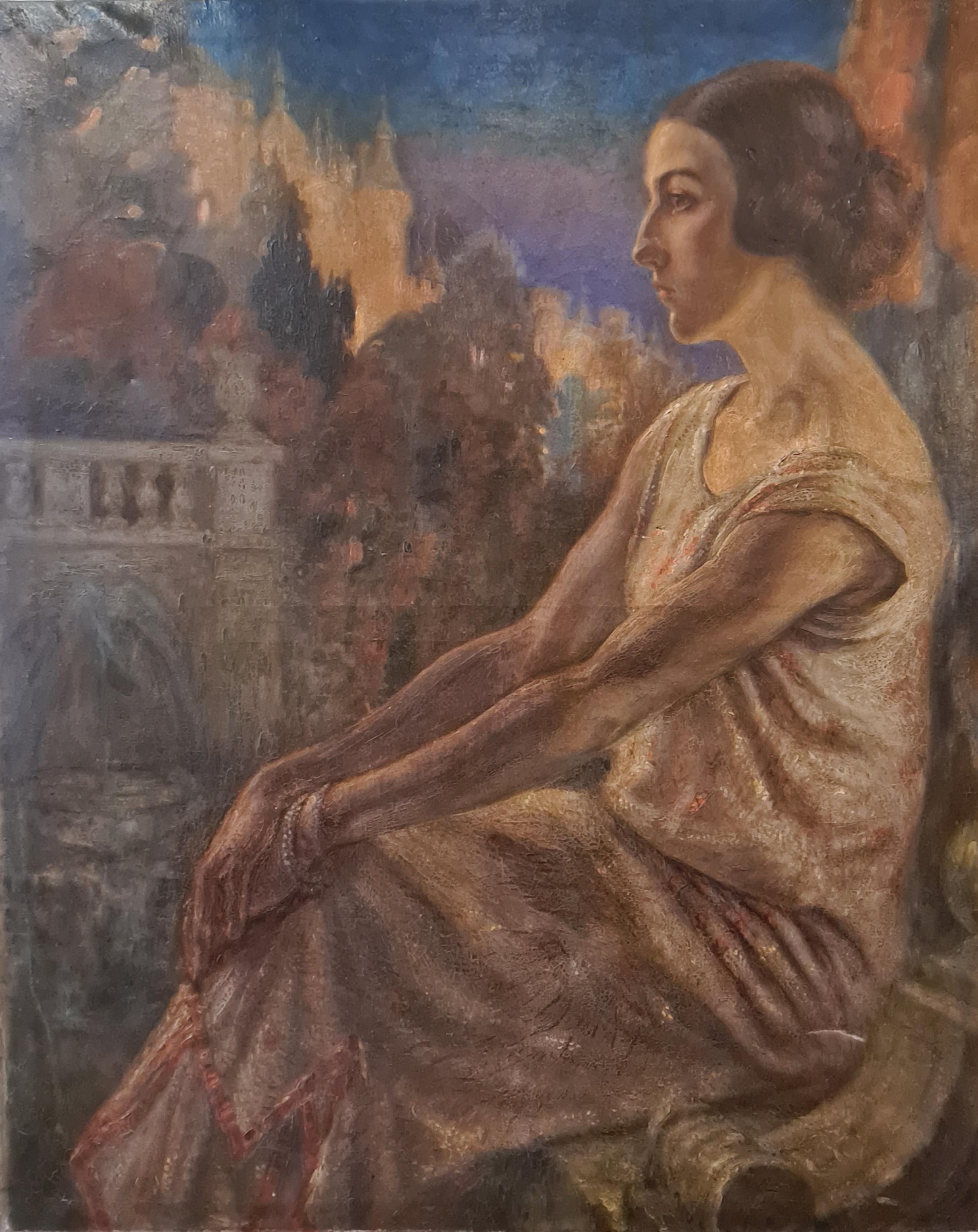Großes französisches Gesellschaftsporträt, von Leumund, La Comtesse de Blacas, Château d'Ussé – Painting von Georges Gaudy