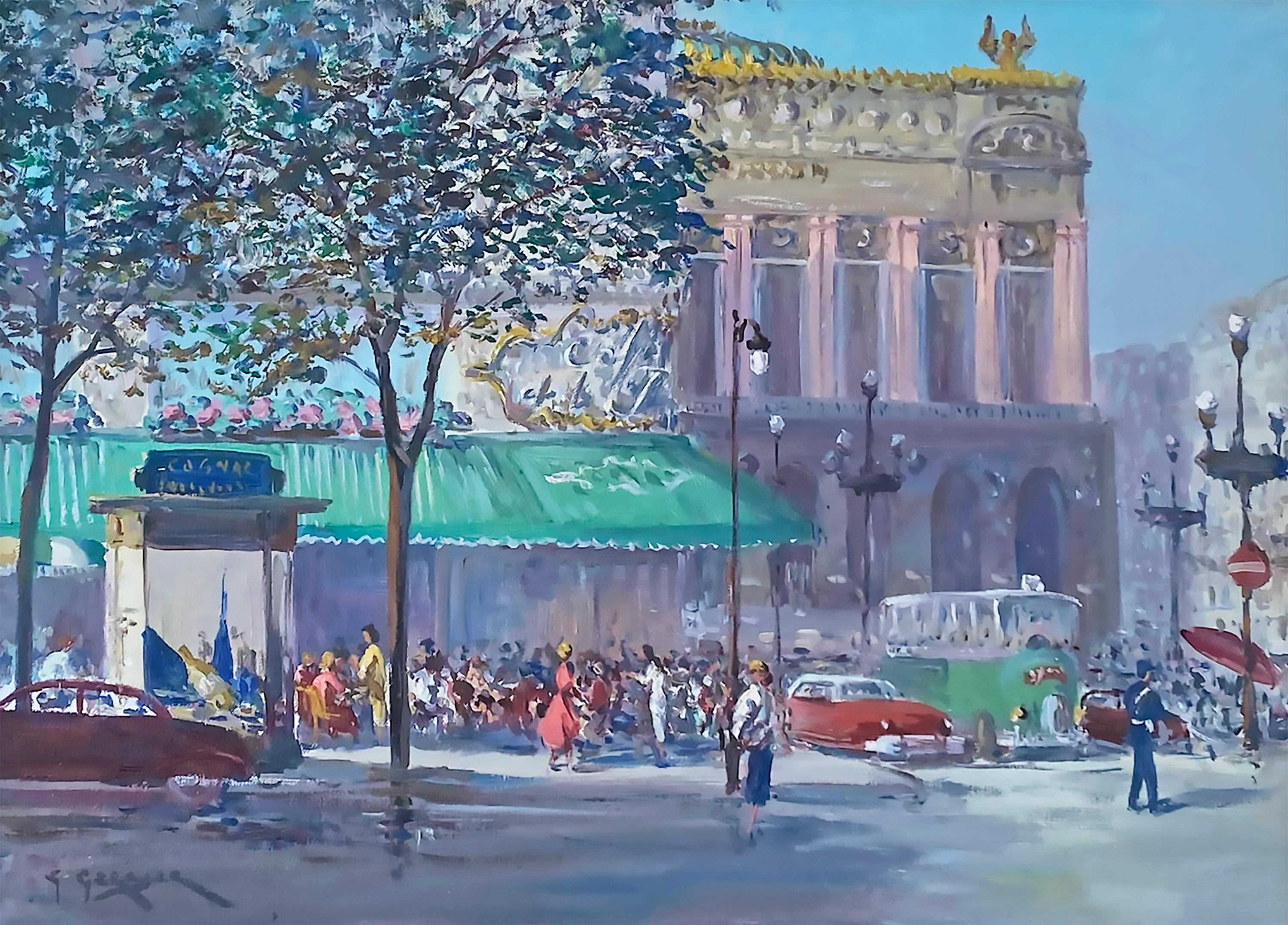 Georges Gerbier Landscape Painting - Cafe et Opera, Rue de Paris