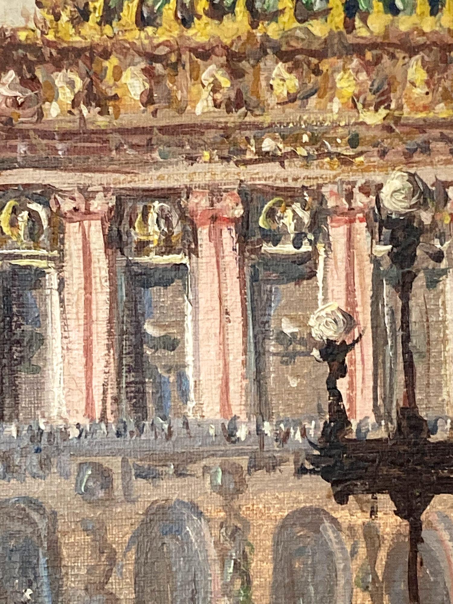 Bellissimo dipinto a olio su tela dell'artista francese Georges Gerbier, raffigurante una scena di strada tremendamente vivida e viva della Parigi del XX secolo con una vista del 