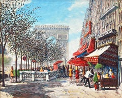 Impressionistisches Ölgemälde auf Leinwand „Parisian Street Scene von Champs Elysees“