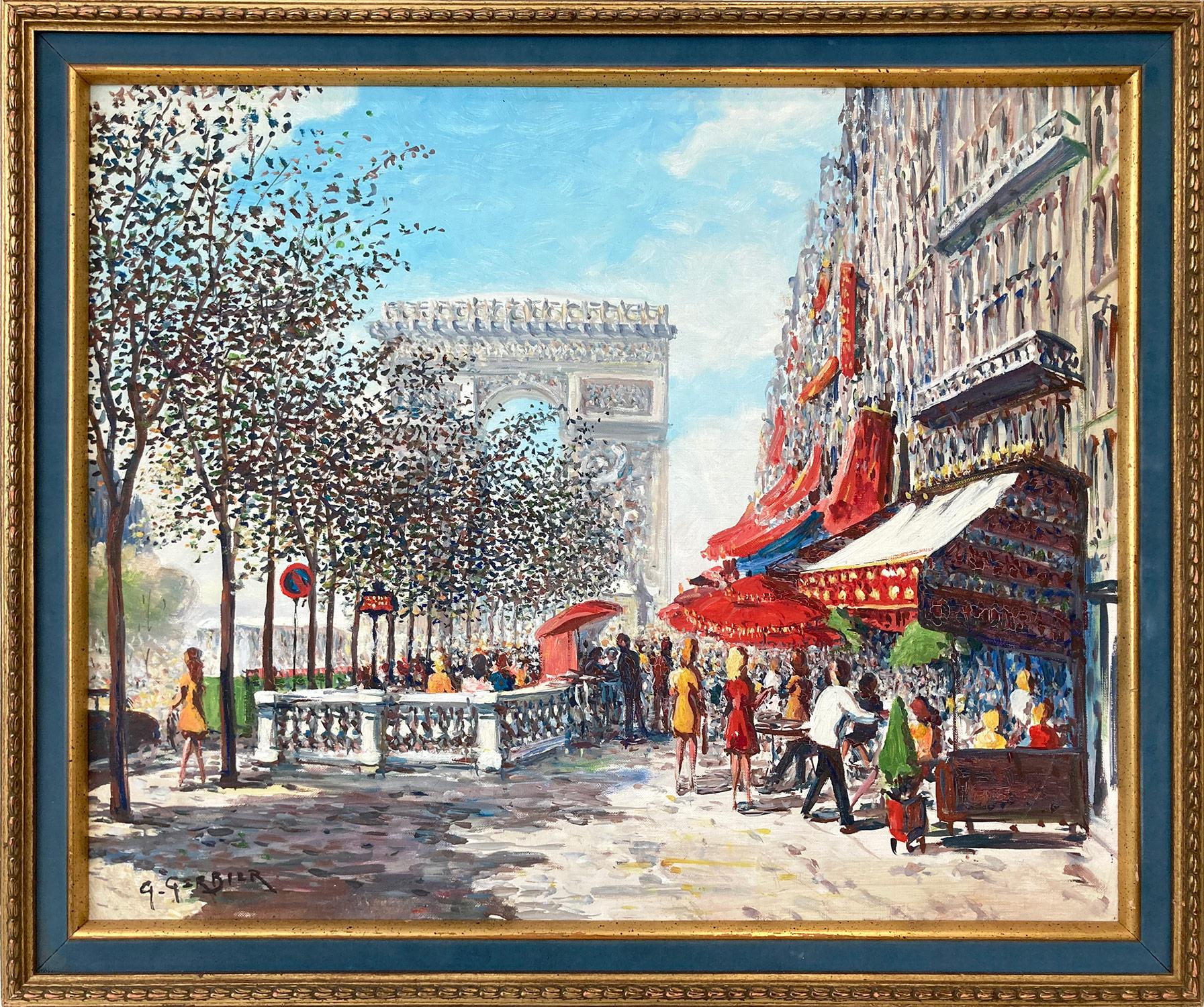 Figurative Painting de Georges Gerbier - "Escena callejera parisina junto a los Campos Elíseos" Pintura al óleo impresionista sobre lienzo