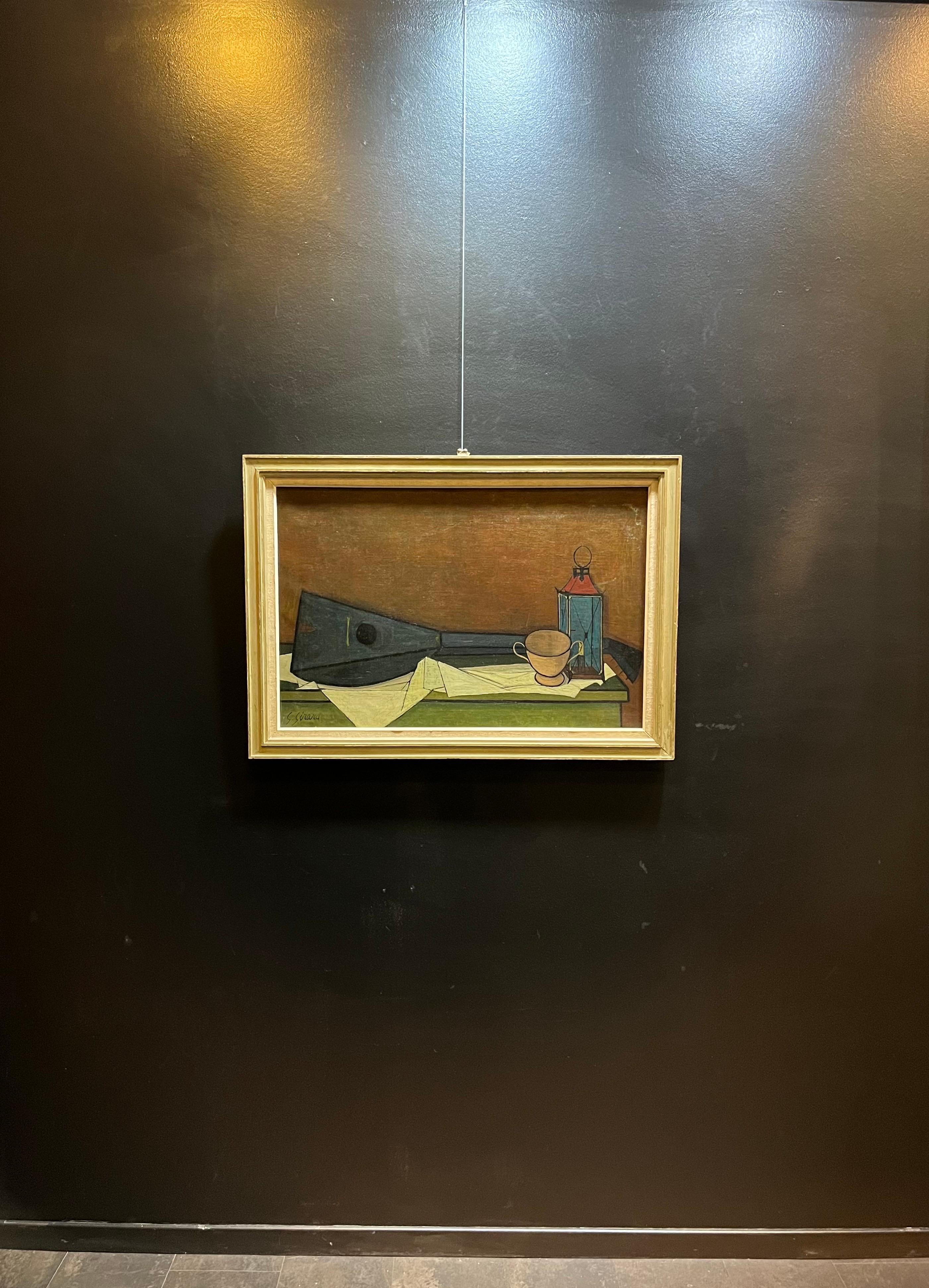 Natura morta con mandolino di Georges Girard - Olio su tela 54x81cm in vendita 1