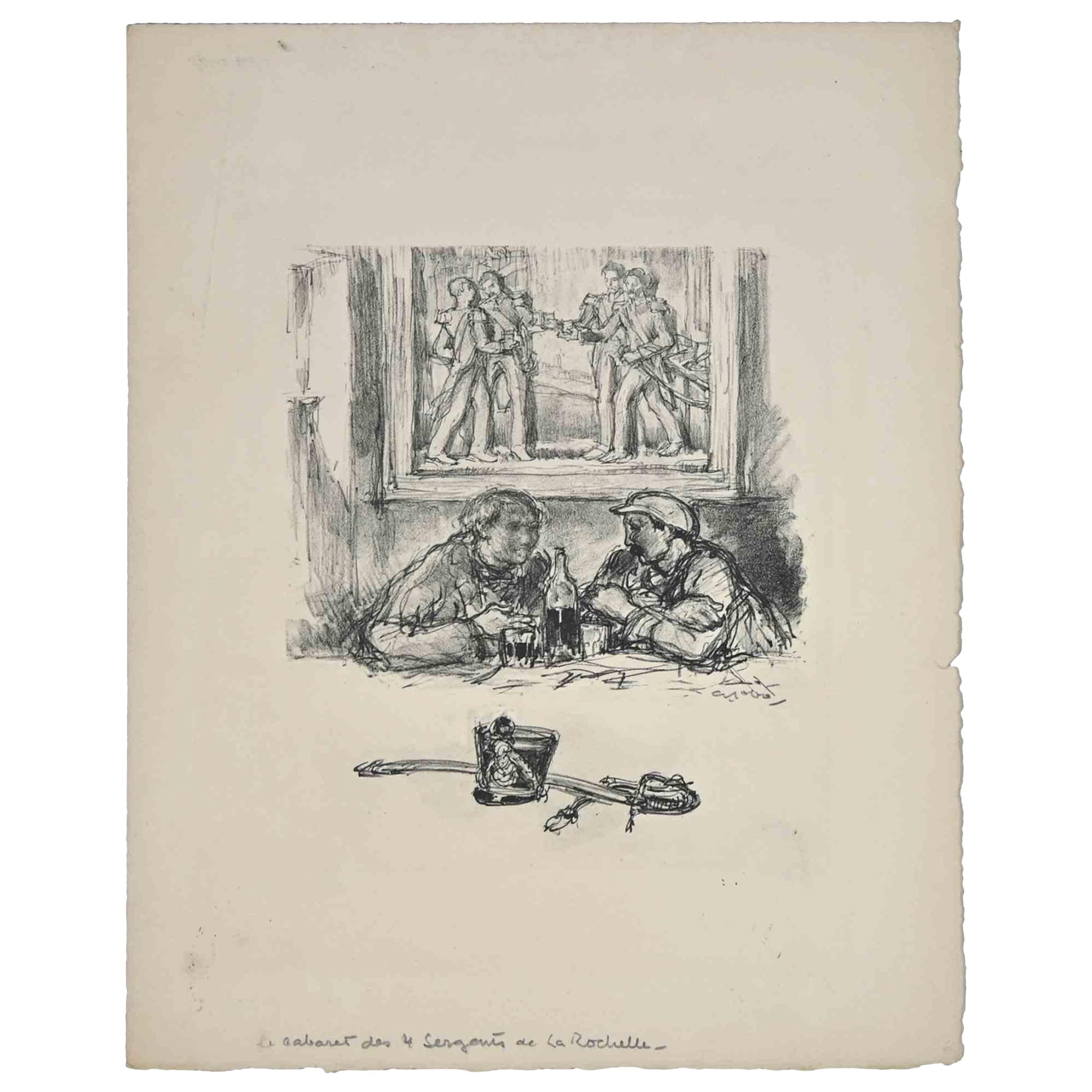 Drinking Men in Cafe – Originallithographie von Georges Gola – 19. Jahrhundert