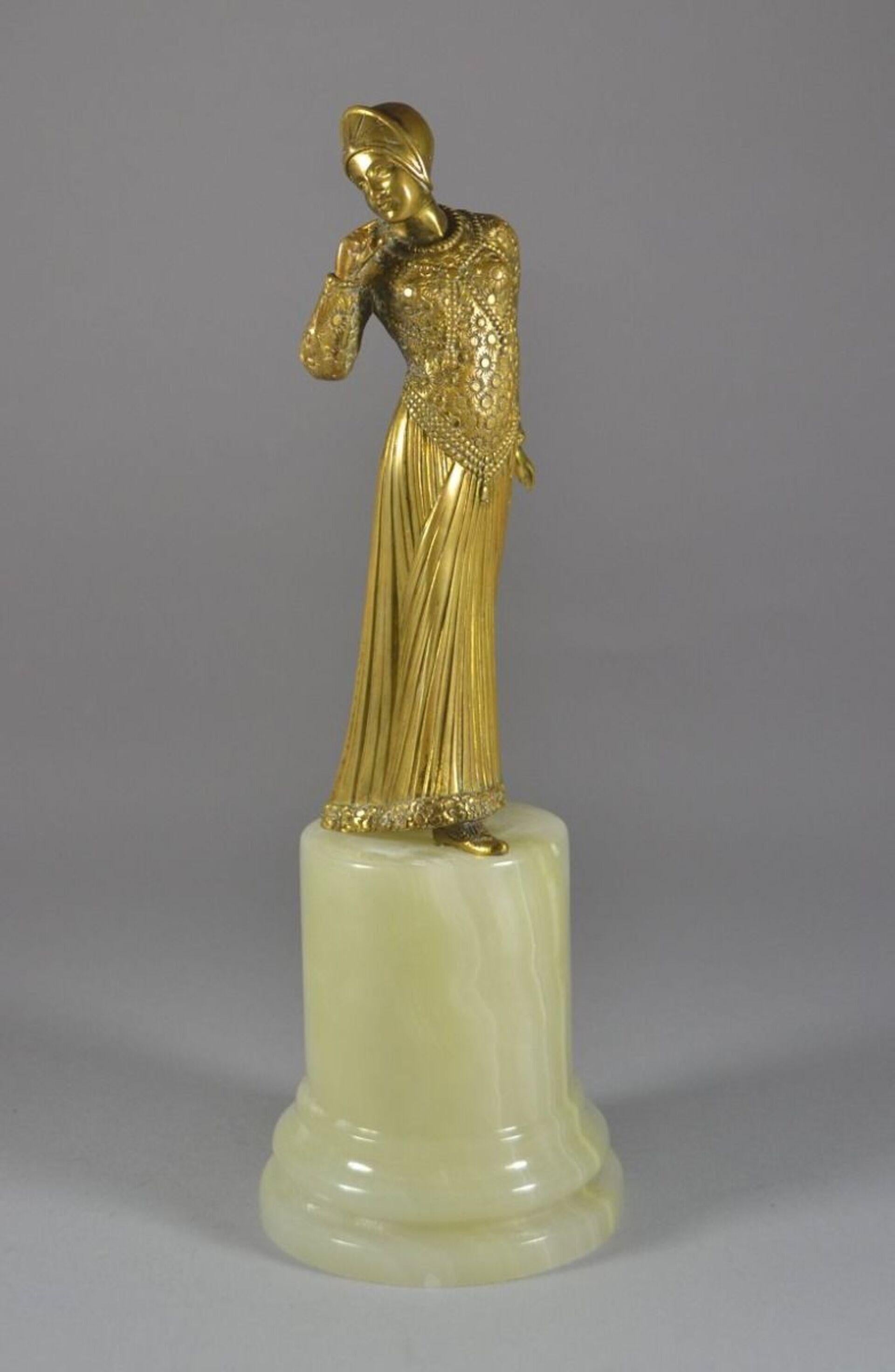 Georges Gori 'Act. 1930' Bronze Lady on Onyx Base Art Nouveau Art Deco 1