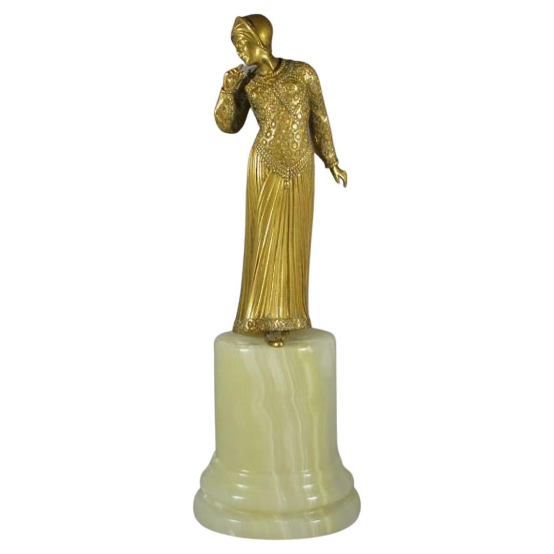 Georges Gori 'Act. 1930' Bronze Lady on Onyx Base Art Nouveau Art Deco