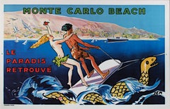 Affiche de voyage originale en lithographie « Monte Carlo Beach » de Georges Goursat (SEM)